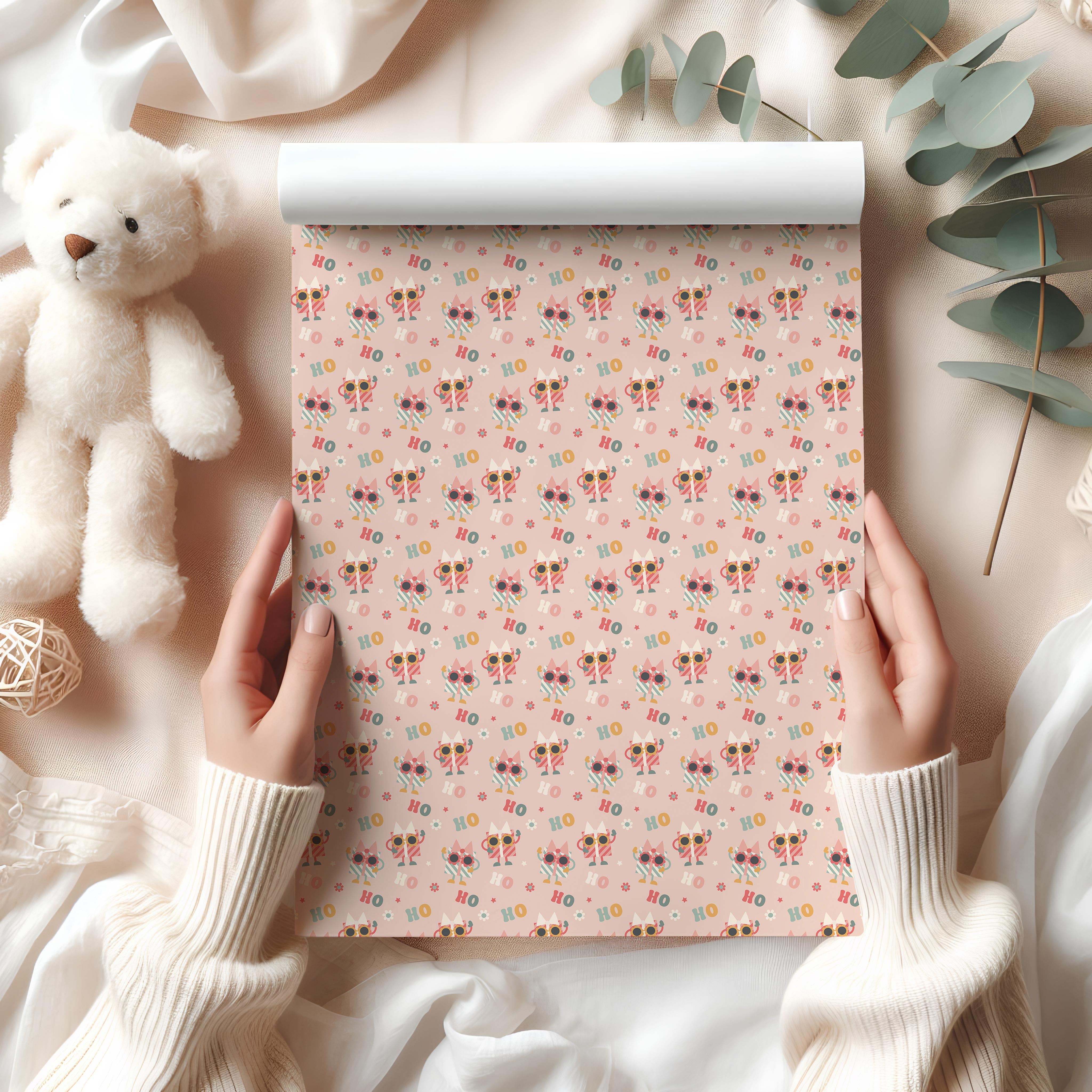 Quirky Santa Ho Ho Ho Wrapping Paper Sheet – Pastel Festive Gift Wrap with Sunglasses Design, Blush Pink