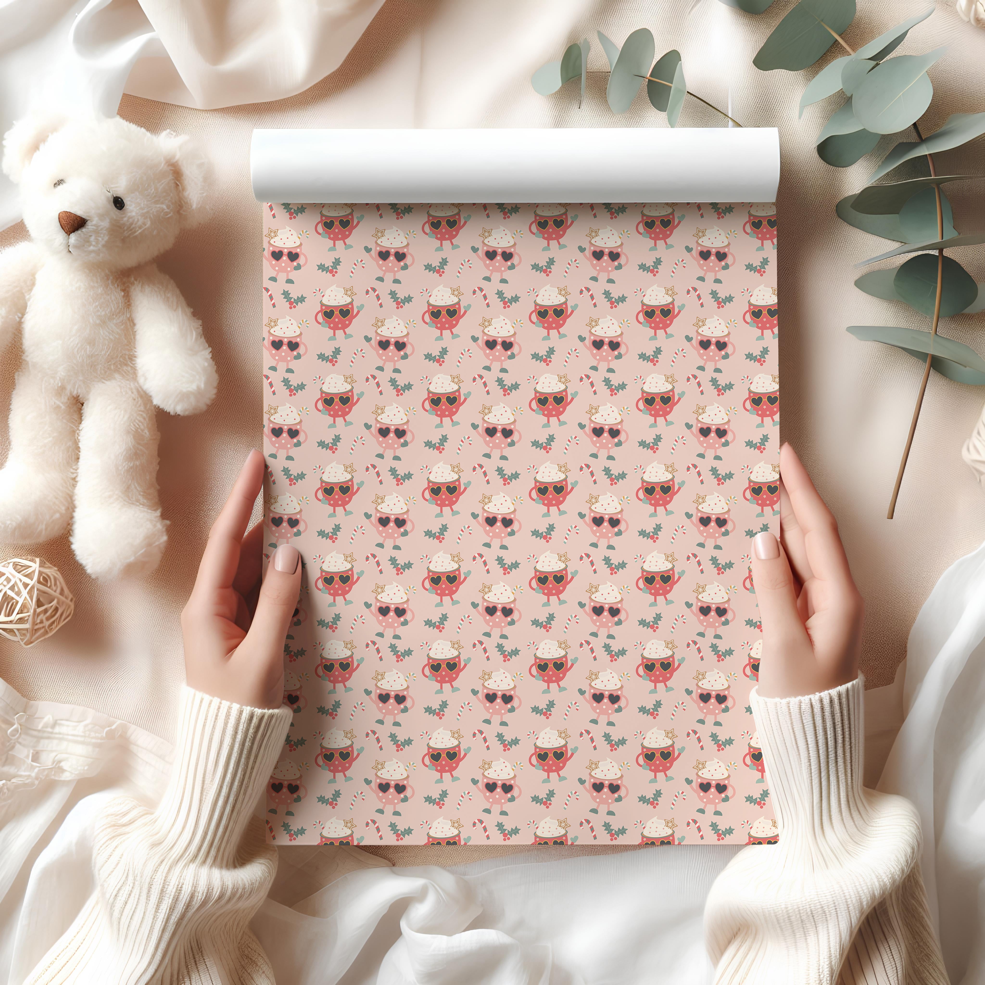 Quirky Hot Chocolate Wrapping Paper Sheet – Cute Pastel Festive Gift Wrap with Sunglasses and Candy Canes, Blush Pink