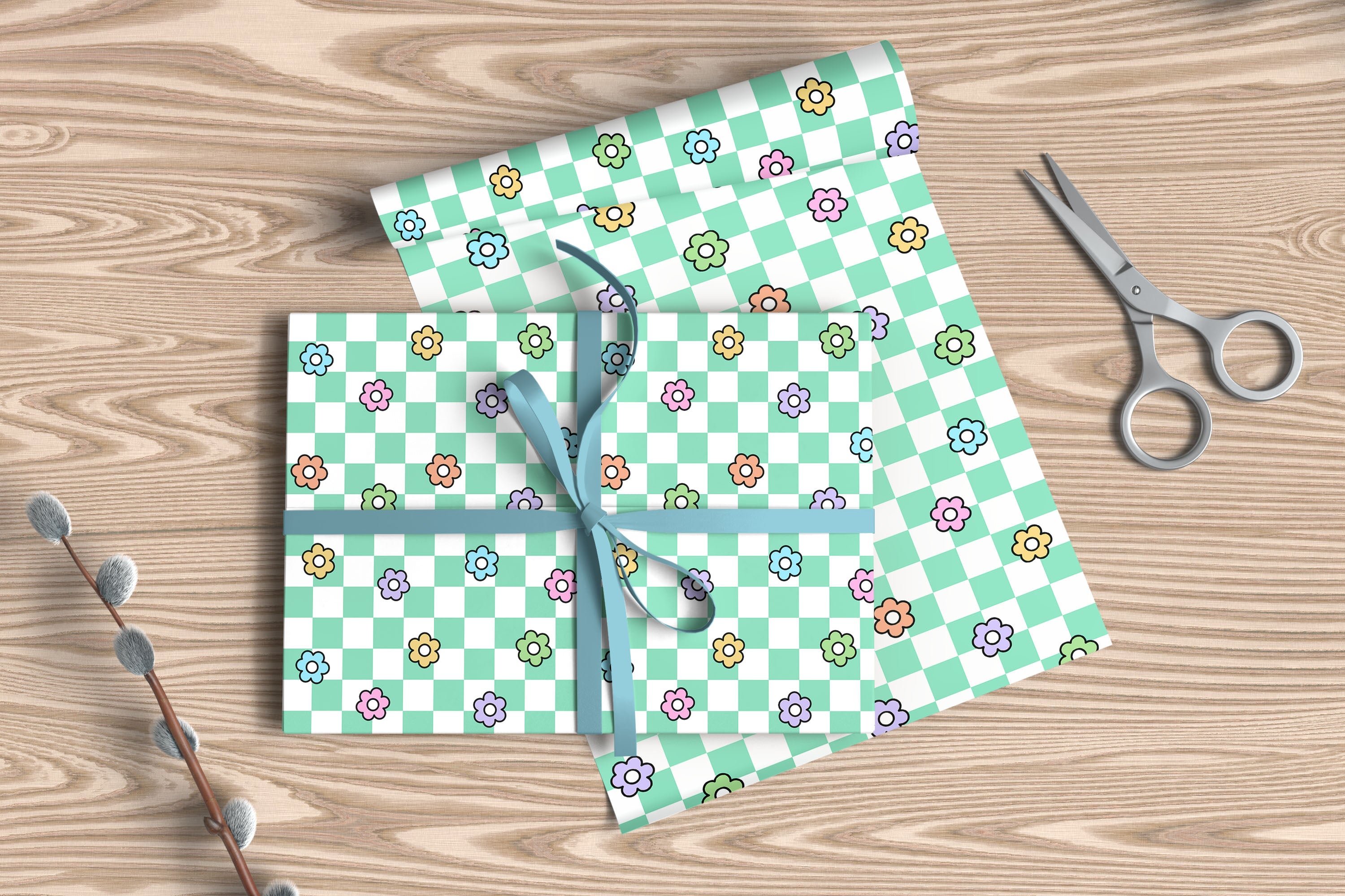 Chequered Flower Pattern Wrapping Paper Custom Printed Gift Wrap Green