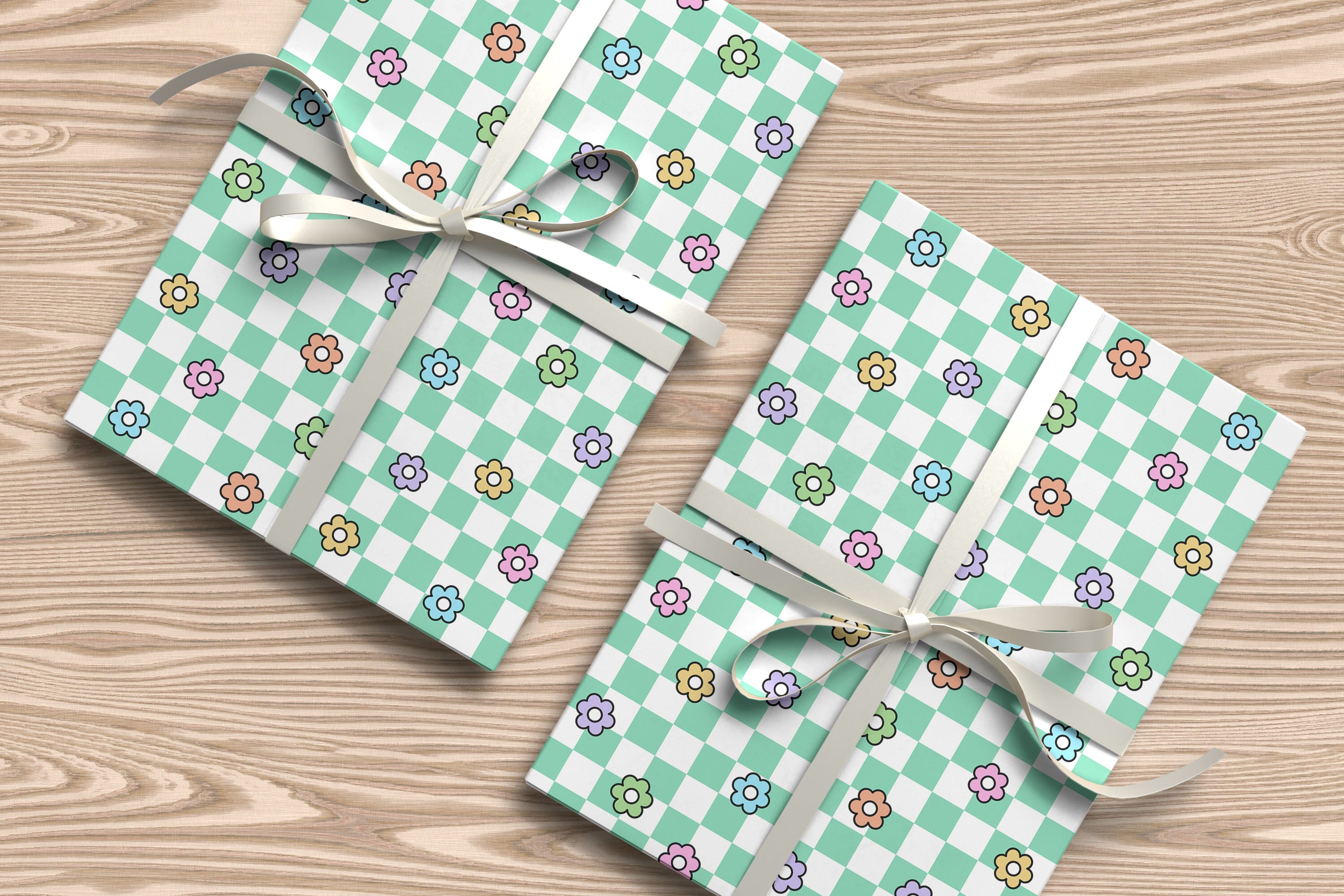 Chequered Flower Pattern Wrapping Paper Custom Printed Gift Wrap Green