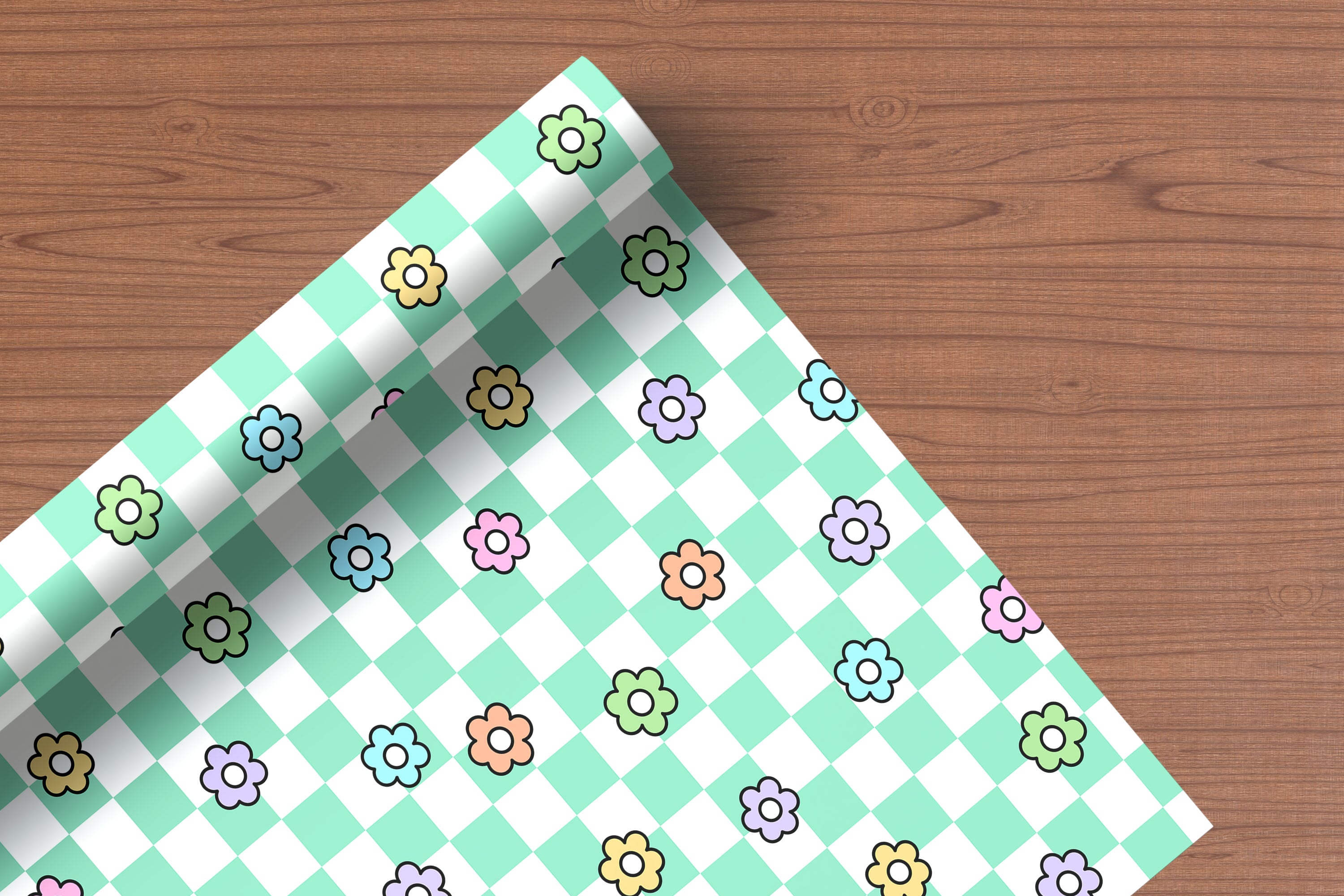 Chequered Flower Pattern Wrapping Paper Custom Printed Gift Wrap Green