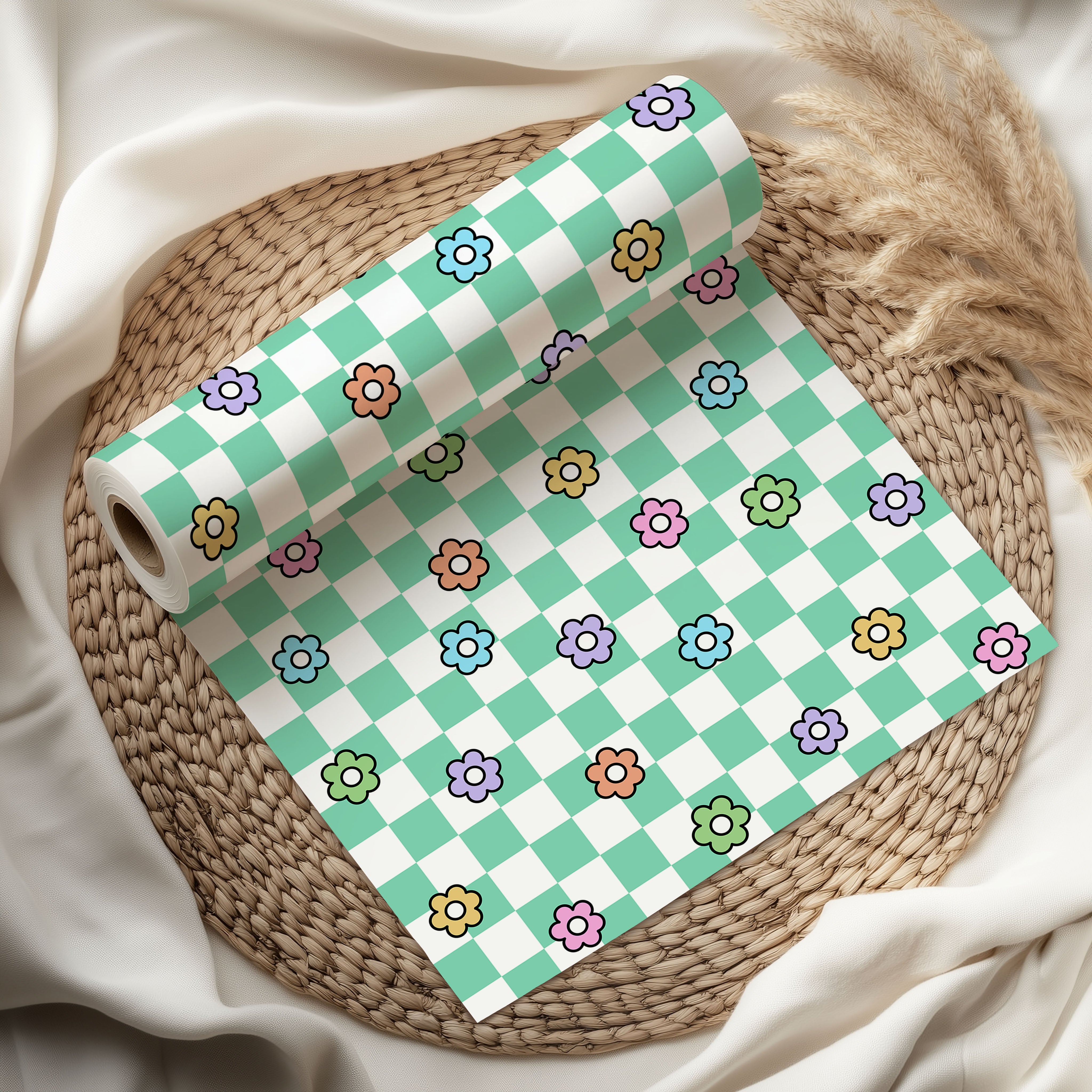 Chequered Flower Pattern Wrapping Paper Custom Printed Gift Wrap Green