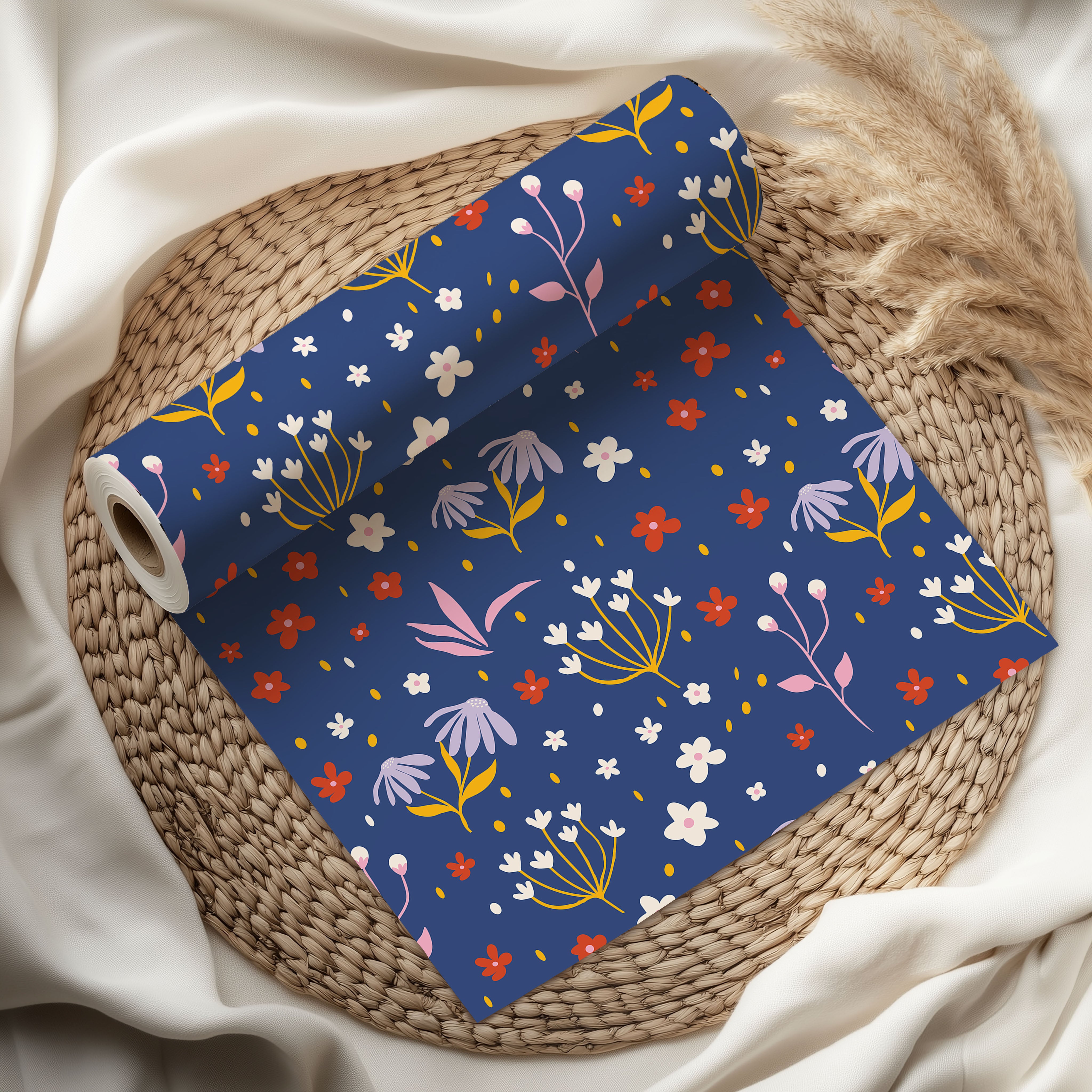 Whimsical Wildflower Wrapping Paper – Navy Blue Background with Pink, White & Orange Floral Gift Wrap