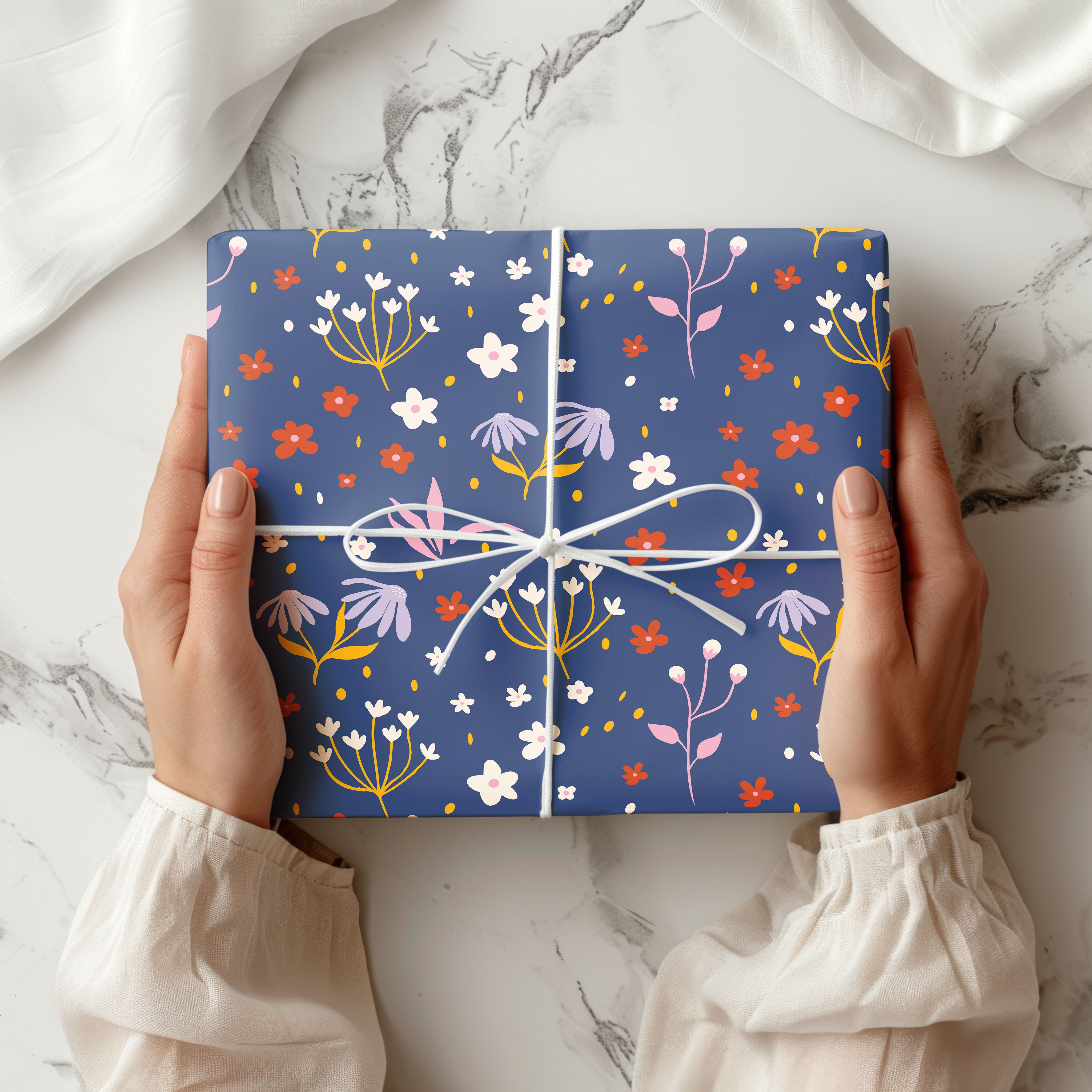 Whimsical Wildflower Wrapping Paper – Navy Blue Background with Pink, White & Orange Floral Gift Wrap