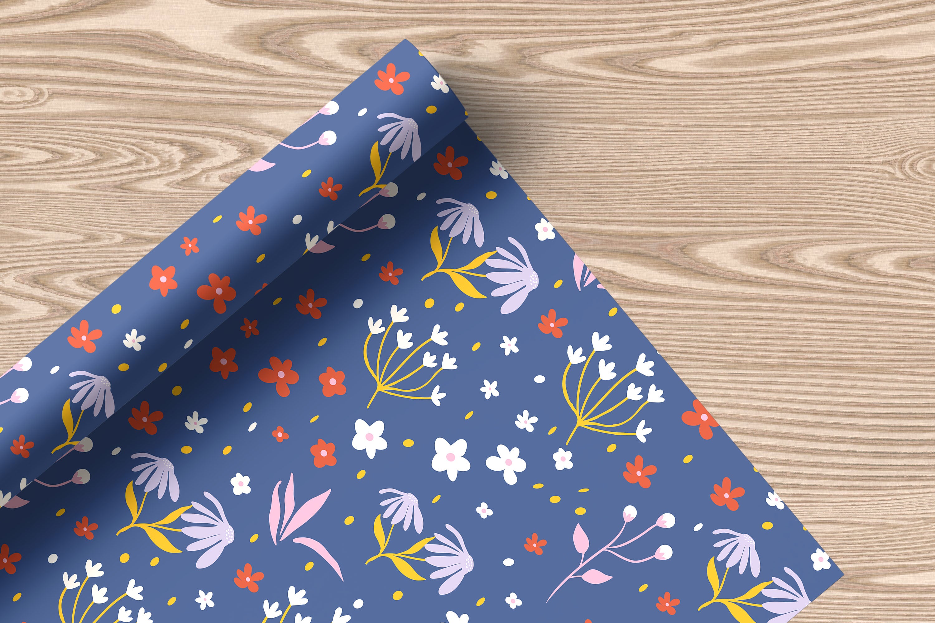 Whimsical Wildflower Wrapping Paper – Navy Blue Background with Pink, White & Orange Floral Gift Wrap