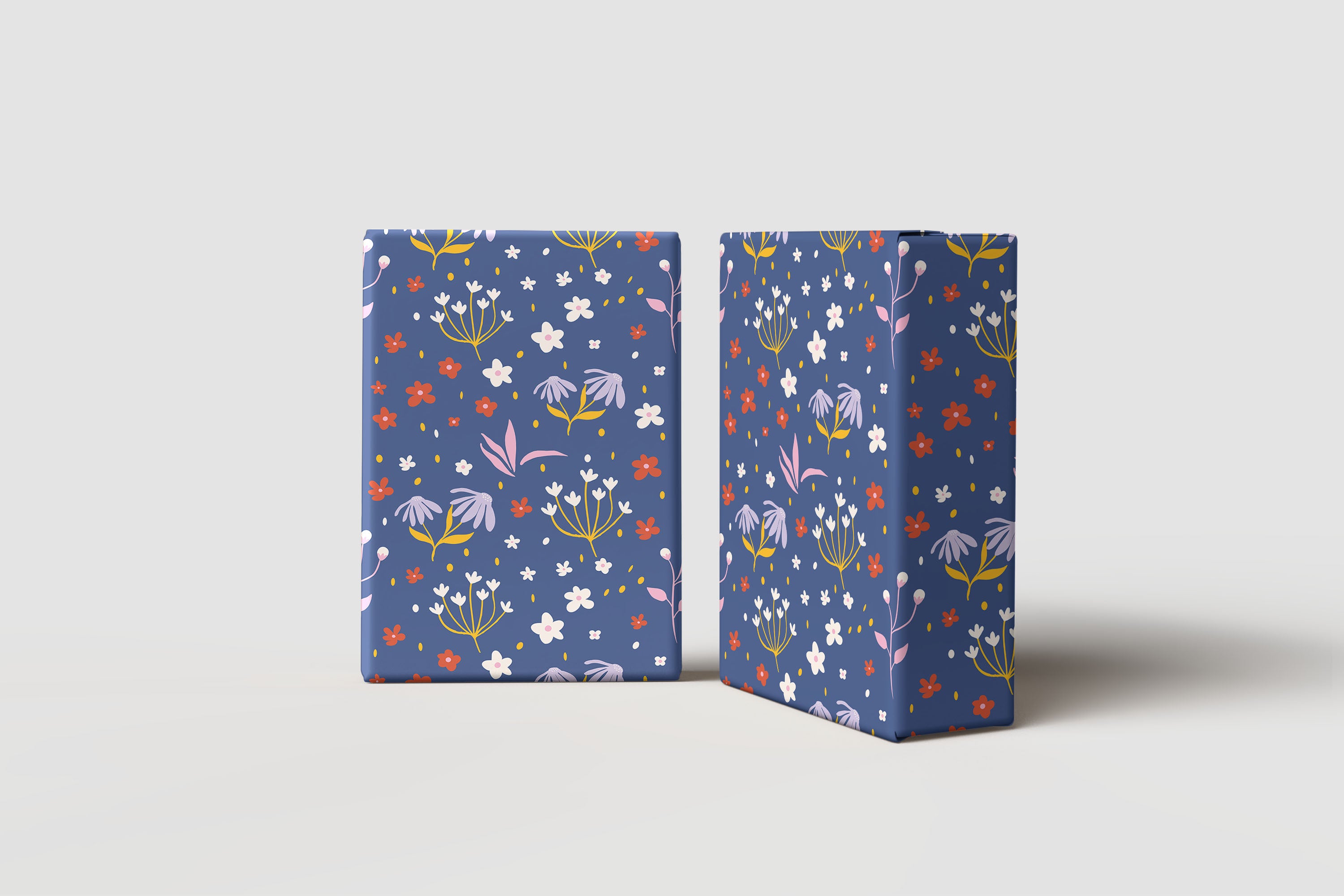 Whimsical Wildflower Wrapping Paper – Navy Blue Background with Pink, White & Orange Floral Gift Wrap