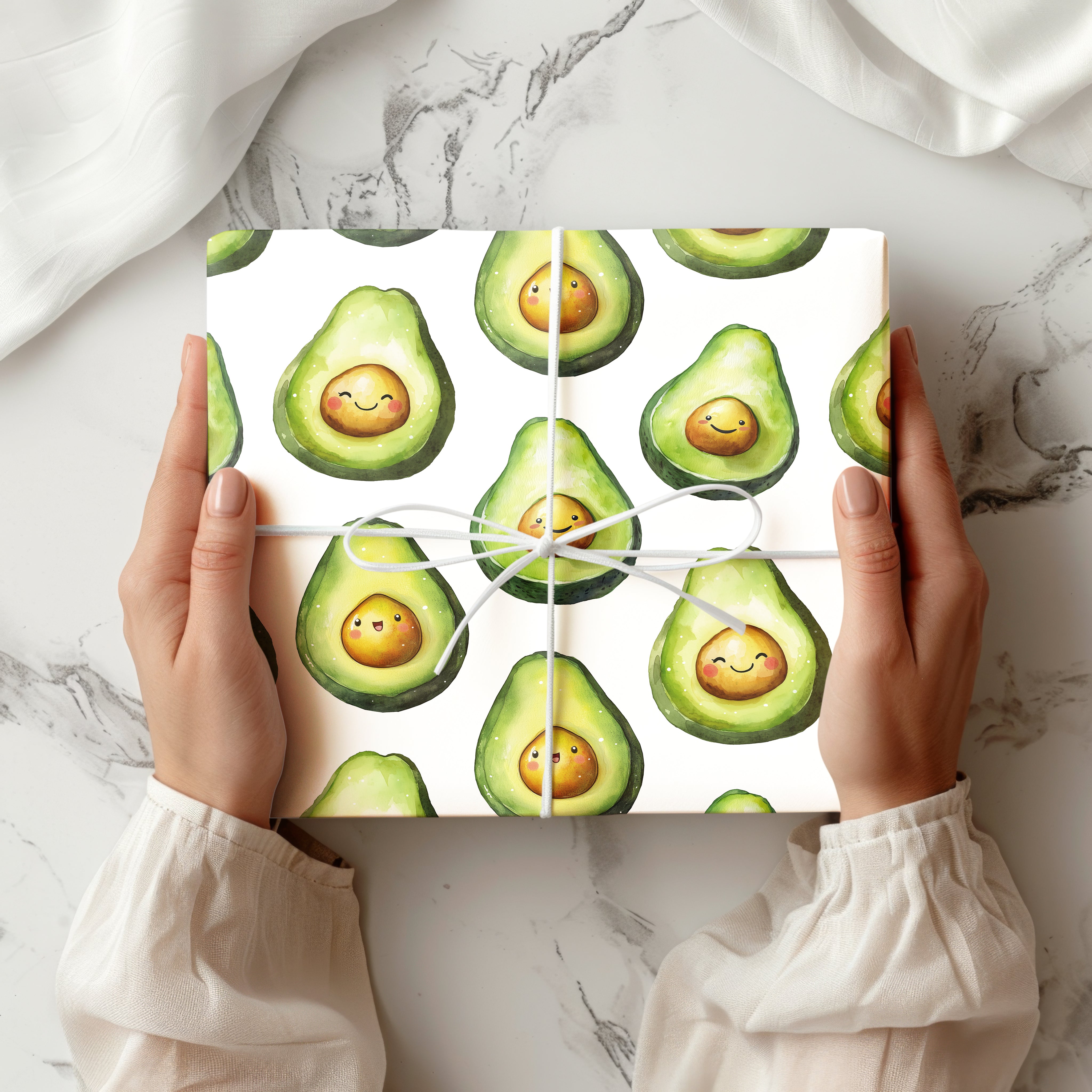 Cute Avocado Wrapping Paper – Smiling Cartoon Avocado Gift Wrap for Birthdays and Fun Occasions Multiple Colours