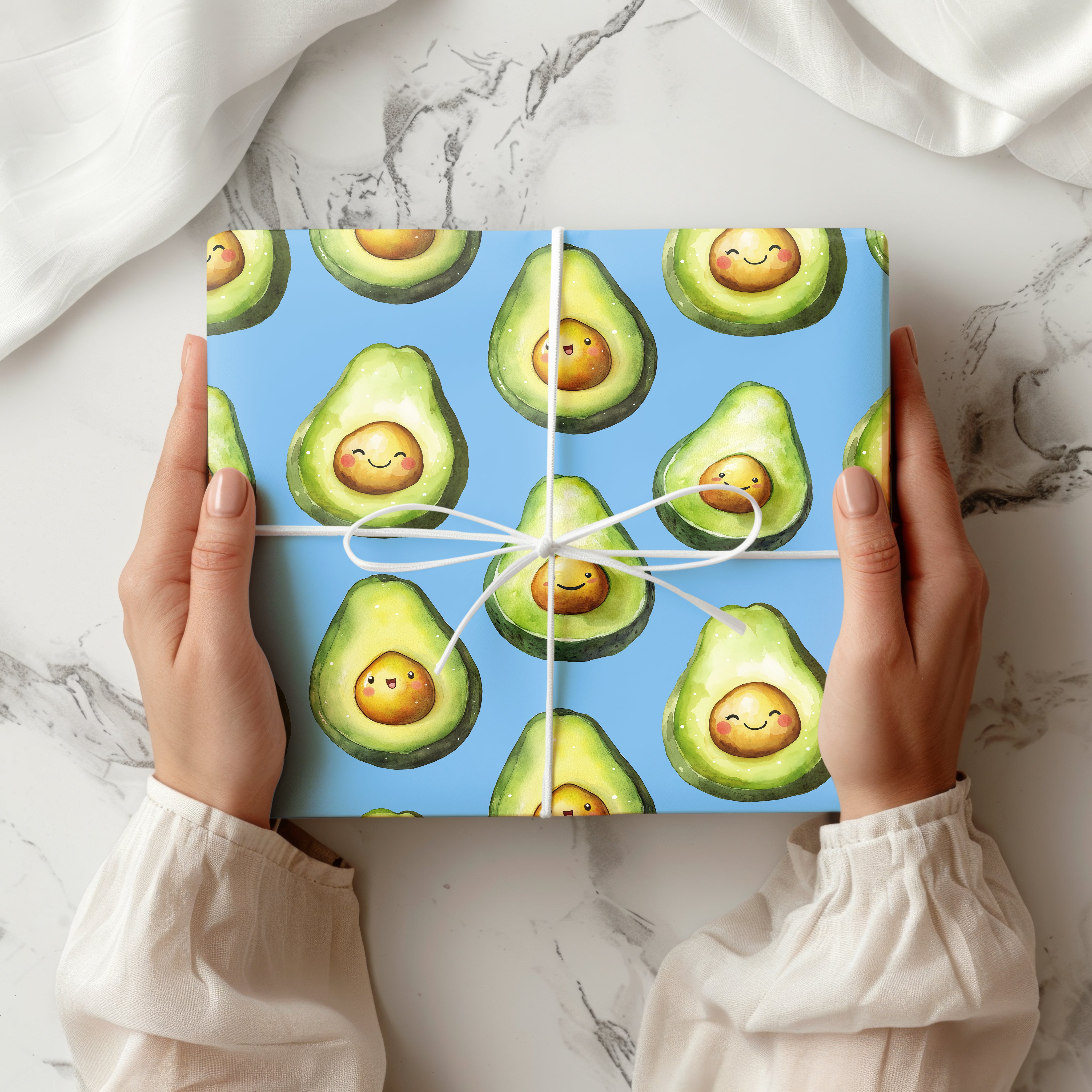 Cute Avocado Wrapping Paper – Smiling Cartoon Avocado Gift Wrap for Birthdays and Fun Occasions Multiple Colours