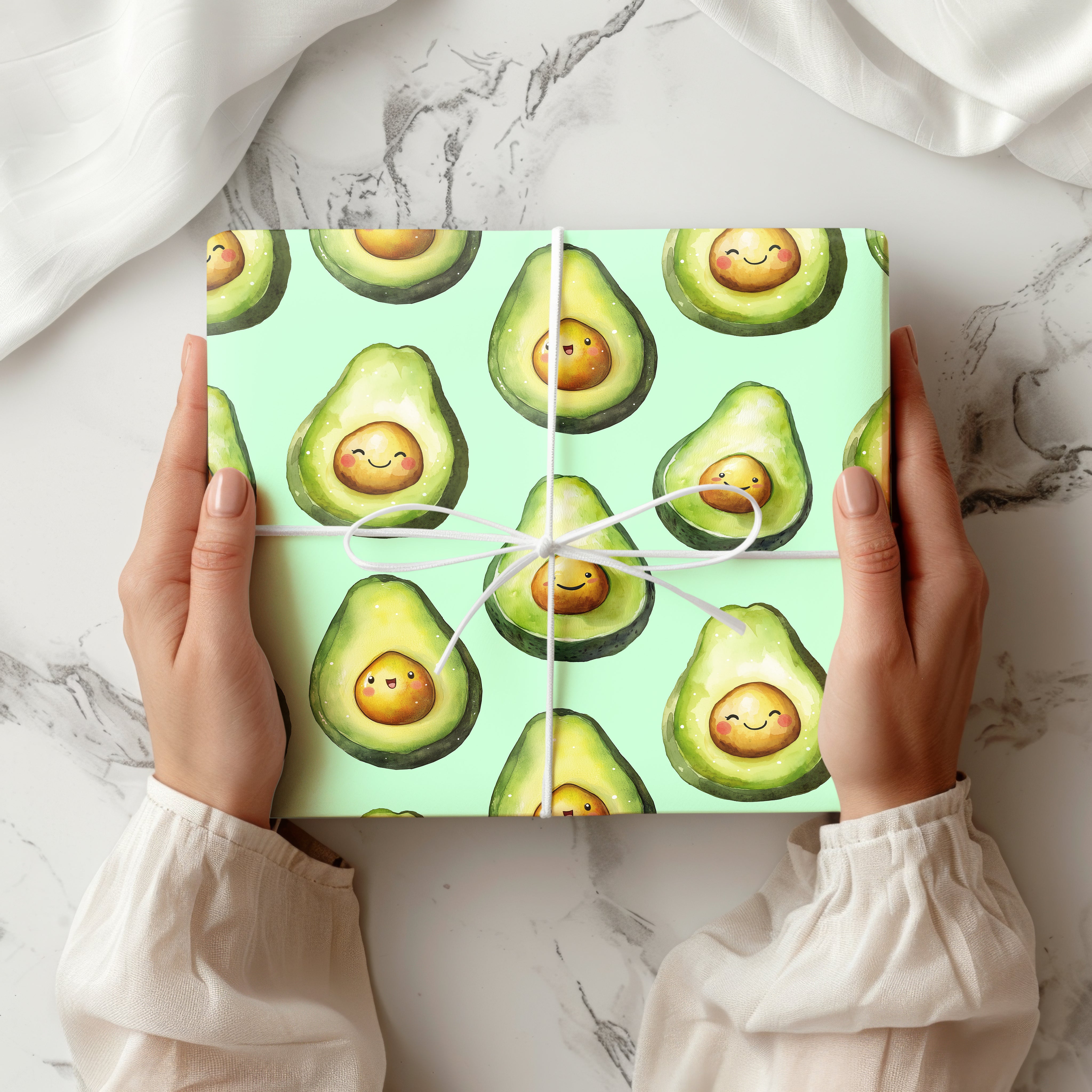 Cute Avocado Wrapping Paper – Smiling Cartoon Avocado Gift Wrap for Birthdays and Fun Occasions Multiple Colours