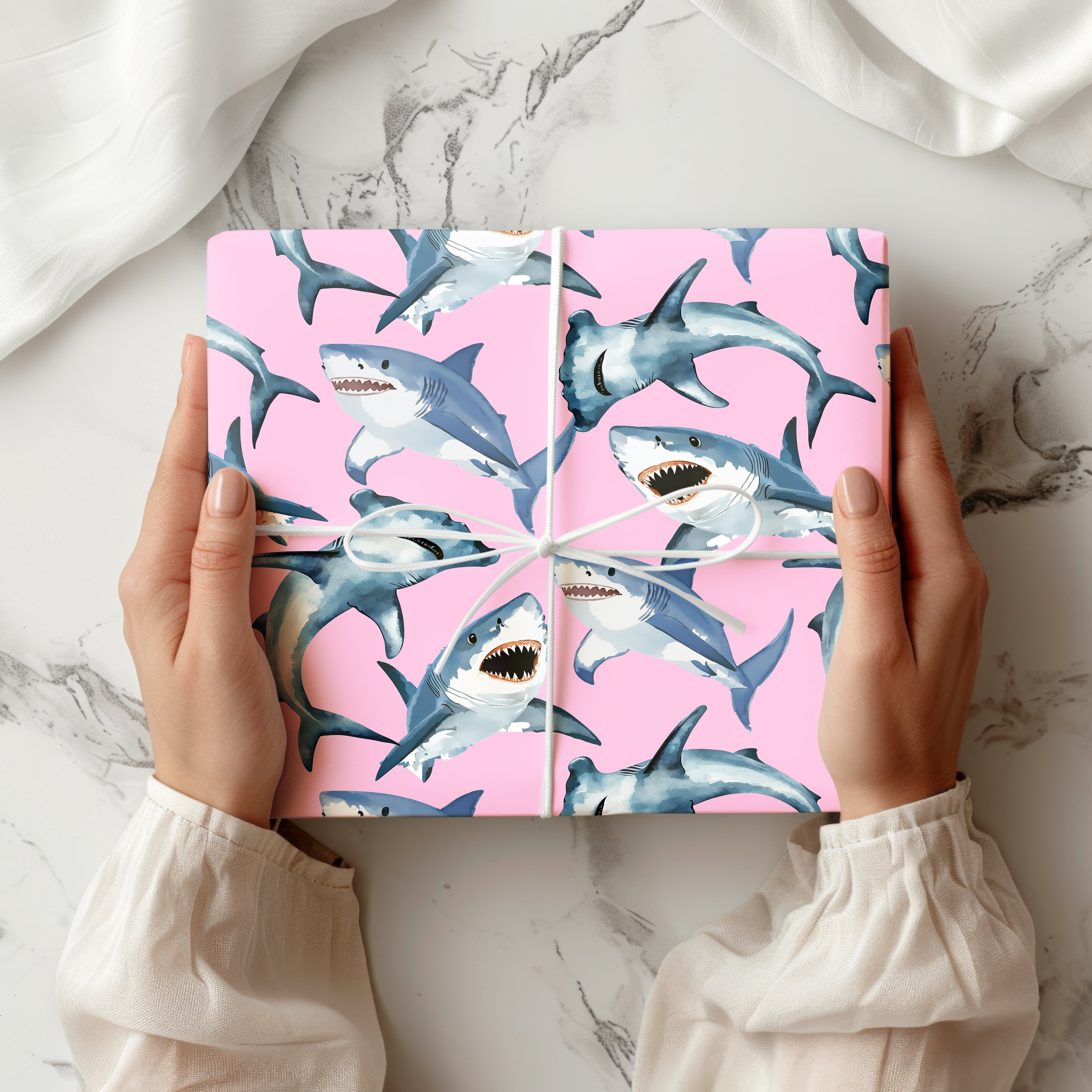 Shark Wrapping Paper – Ocean Gift Wrap with Watercolour Great Whites for Kids Birthdays or Beach-Themed Gifts Multiple Colours