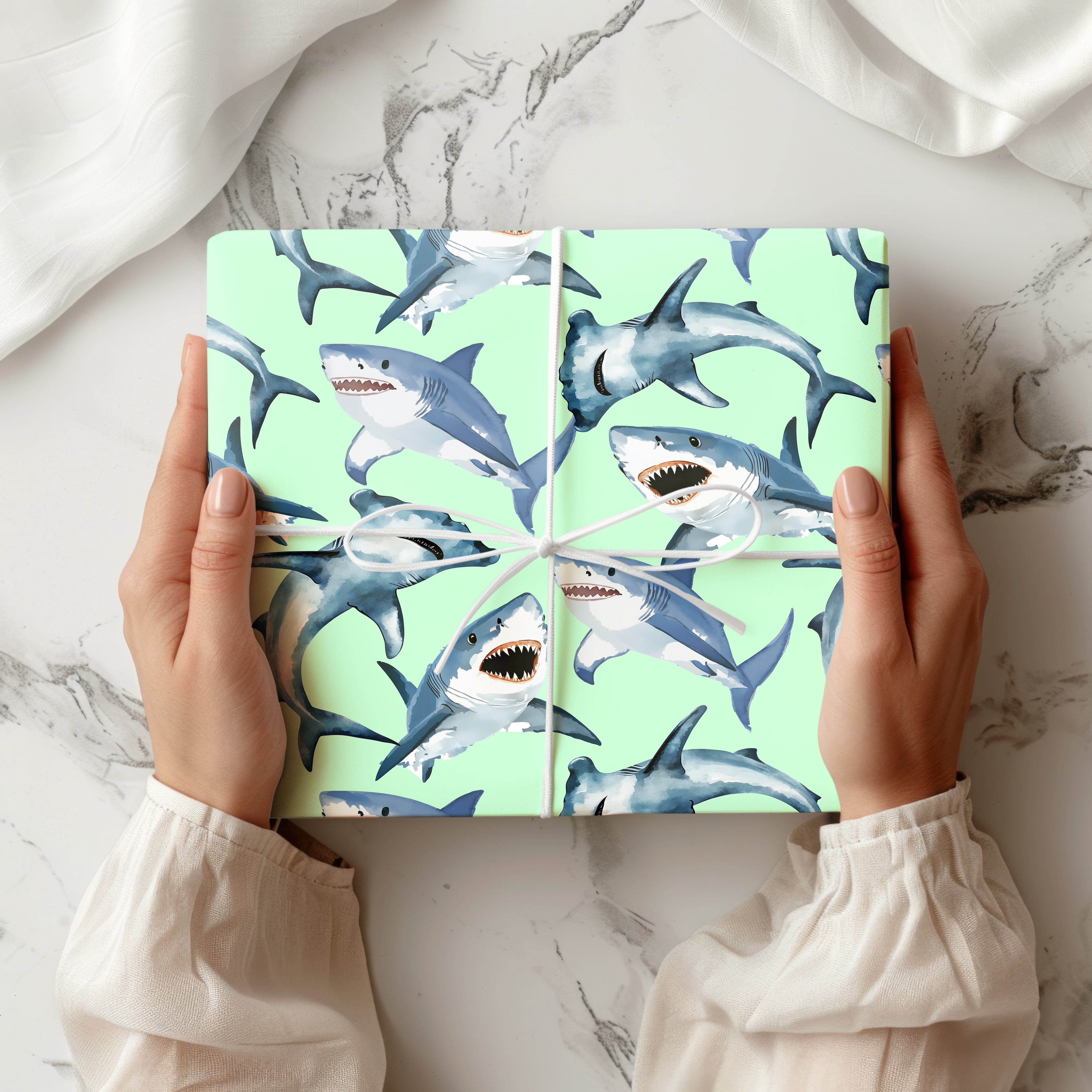 Shark Wrapping Paper – Ocean Gift Wrap with Watercolour Great Whites for Kids Birthdays or Beach-Themed Gifts Multiple Colours