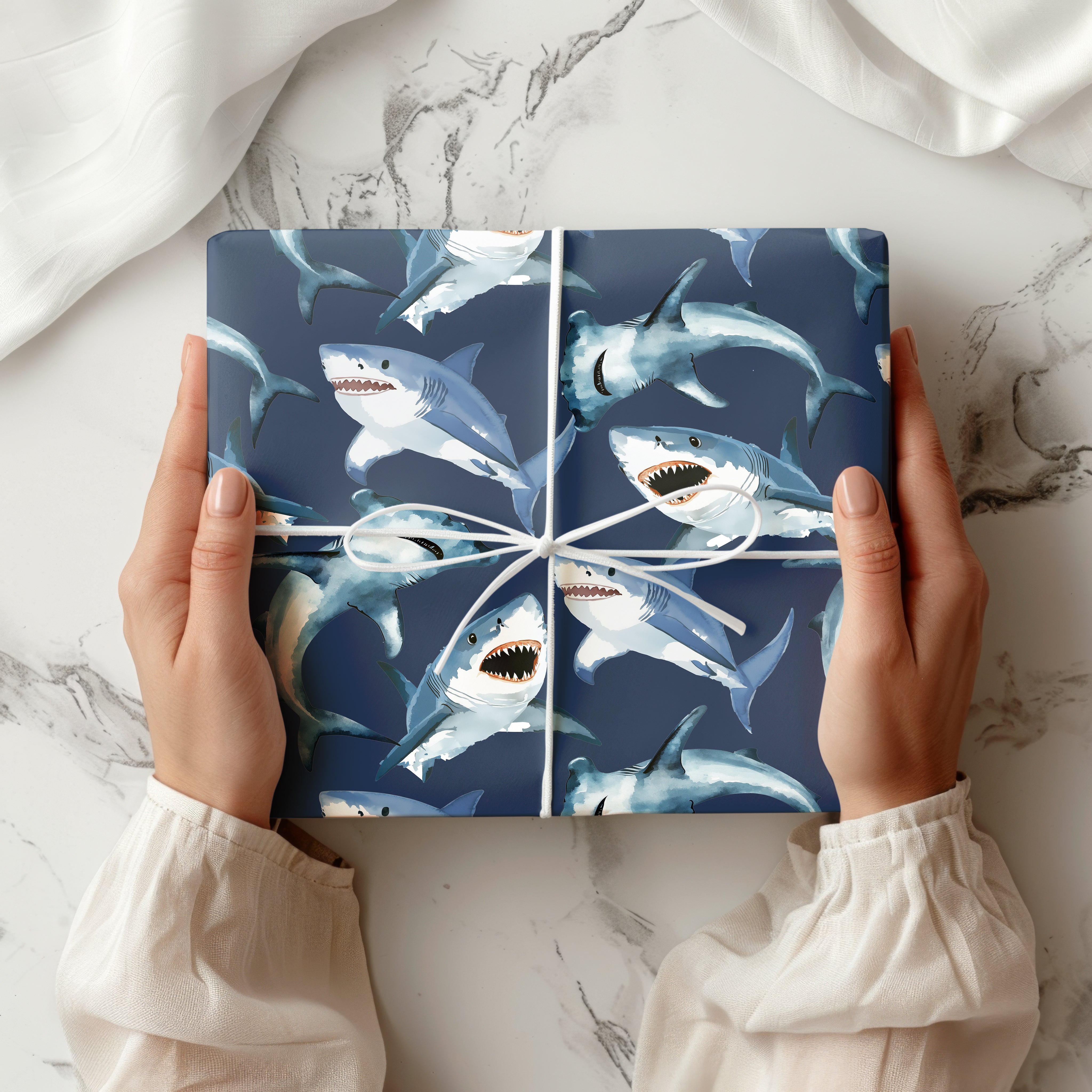 Shark Wrapping Paper – Ocean Gift Wrap with Watercolour Great Whites for Kids Birthdays or Beach-Themed Gifts Multiple Colours