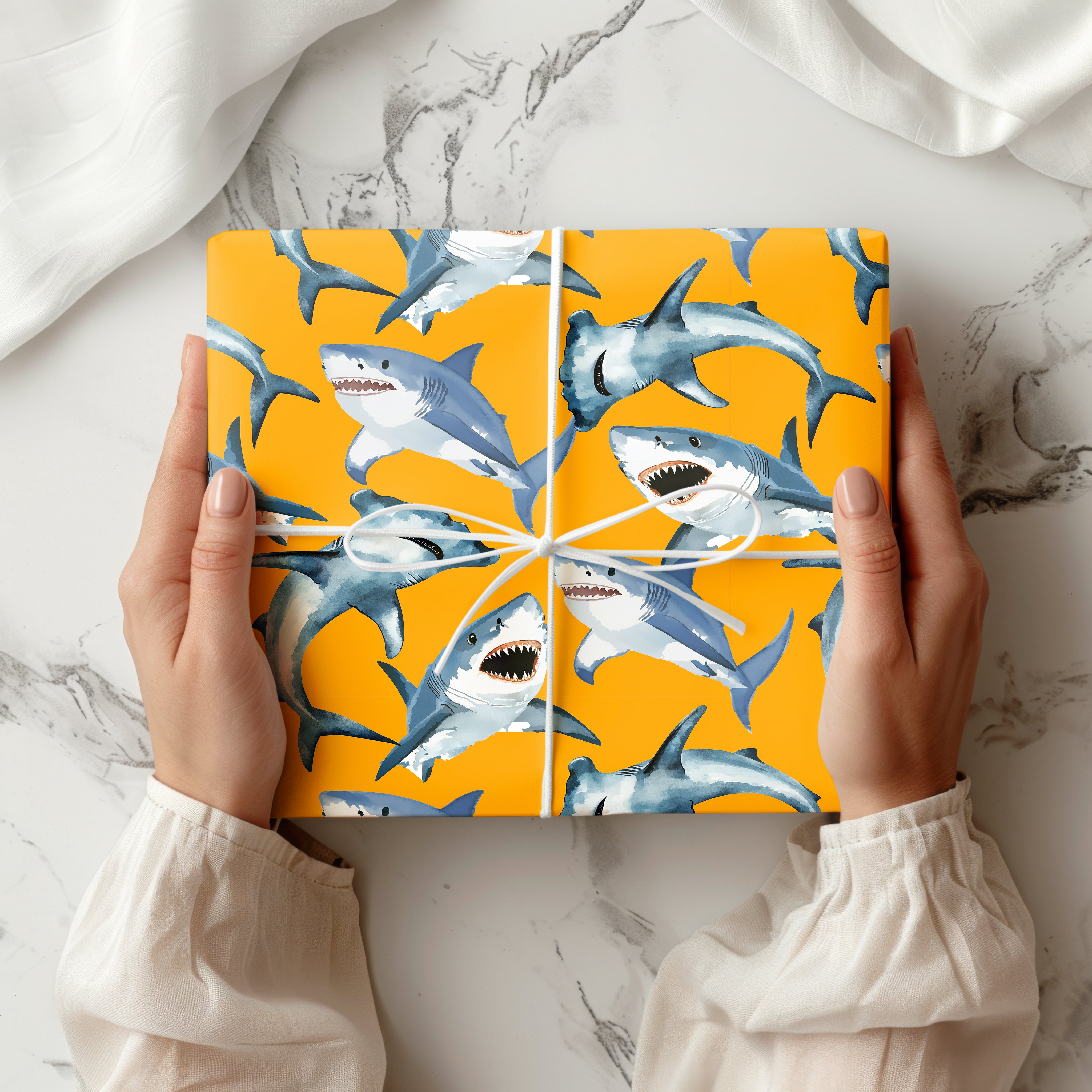 Shark Wrapping Paper – Ocean Gift Wrap with Watercolour Great Whites for Kids Birthdays or Beach-Themed Gifts Multiple Colours