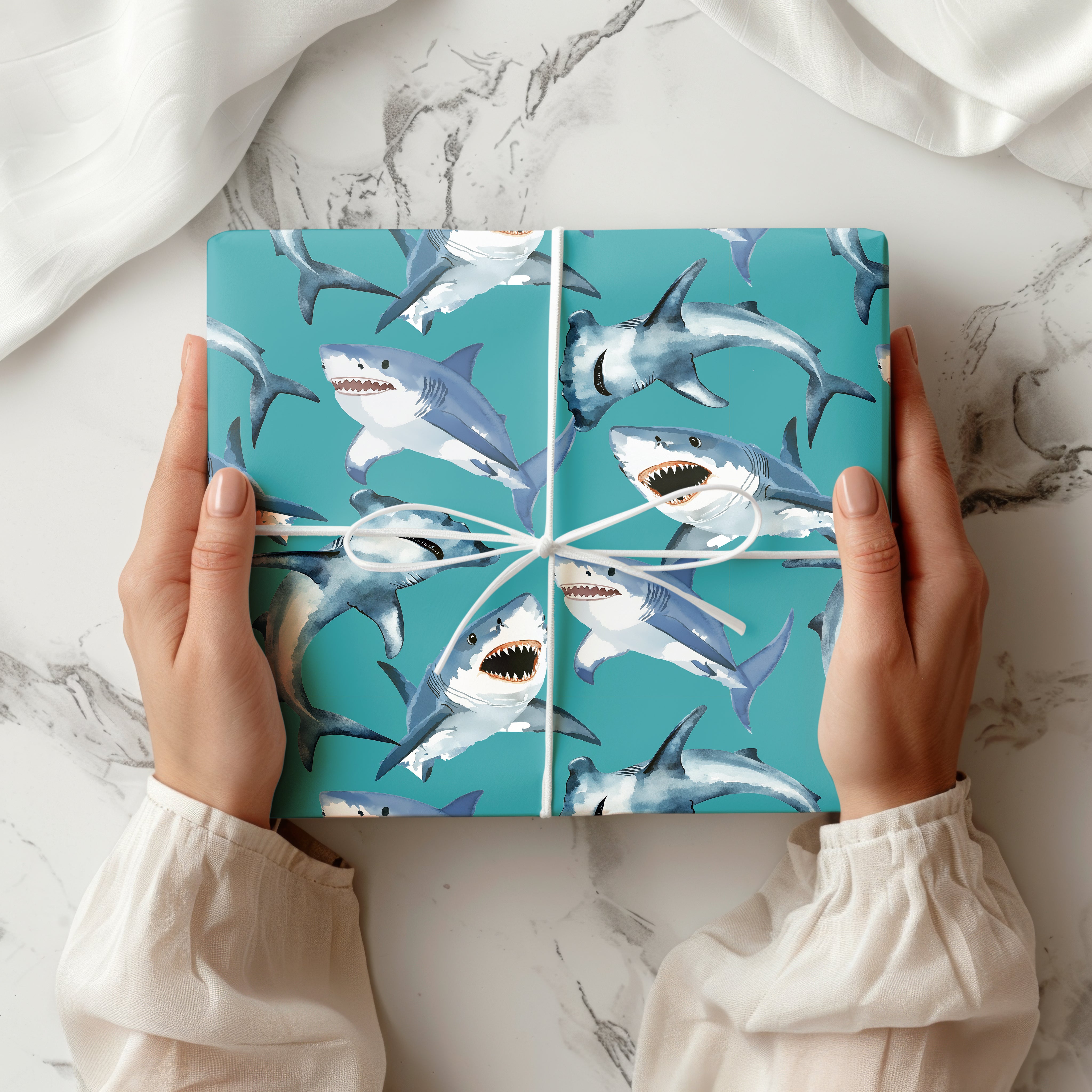 Shark Wrapping Paper – Ocean Gift Wrap with Watercolour Great Whites for Kids Birthdays or Beach-Themed Gifts Multiple Colours