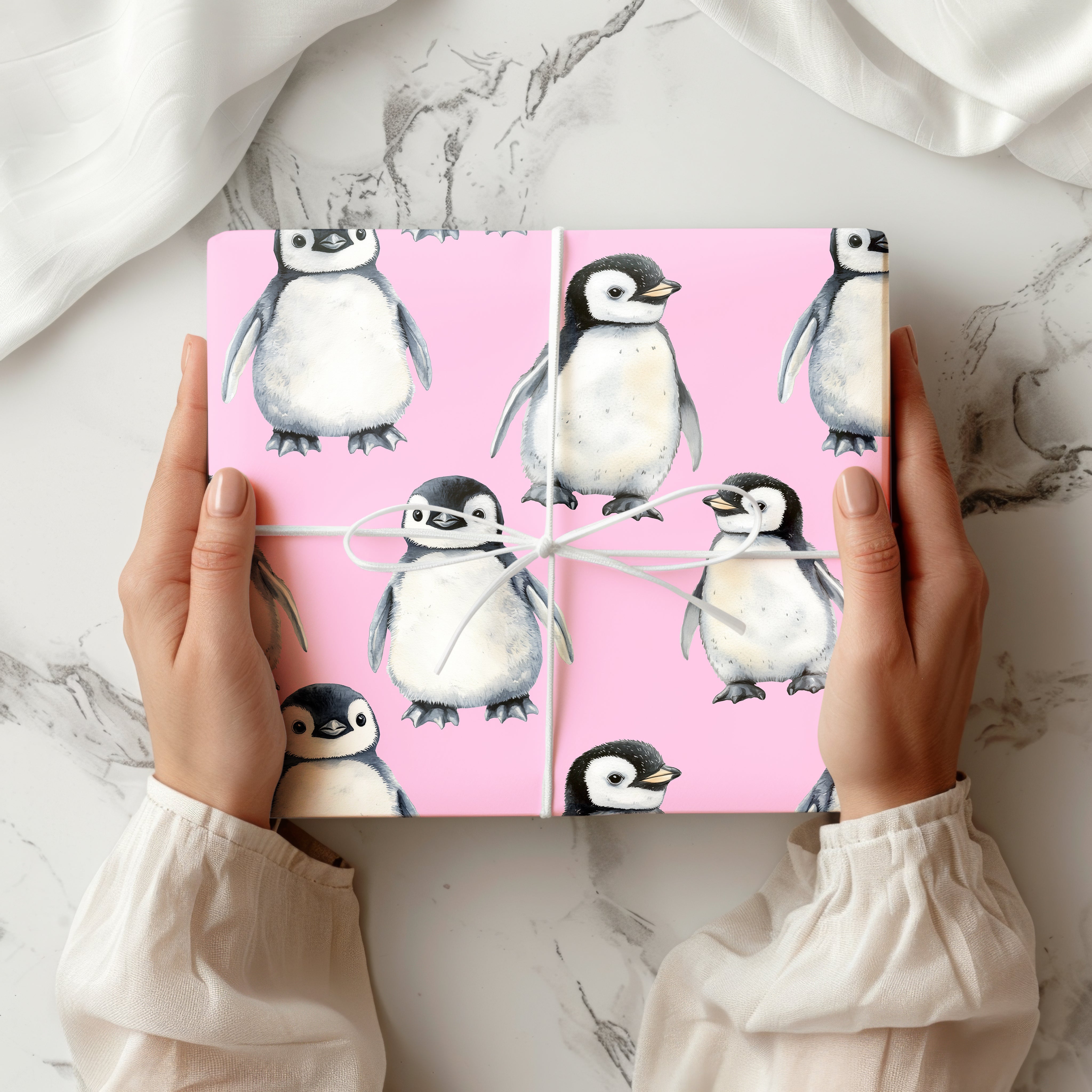 Cute Baby Penguin Wrapping Paper Sheet – Adorable Watercolour Gift Wrap for Christmas or Winter Birthdays