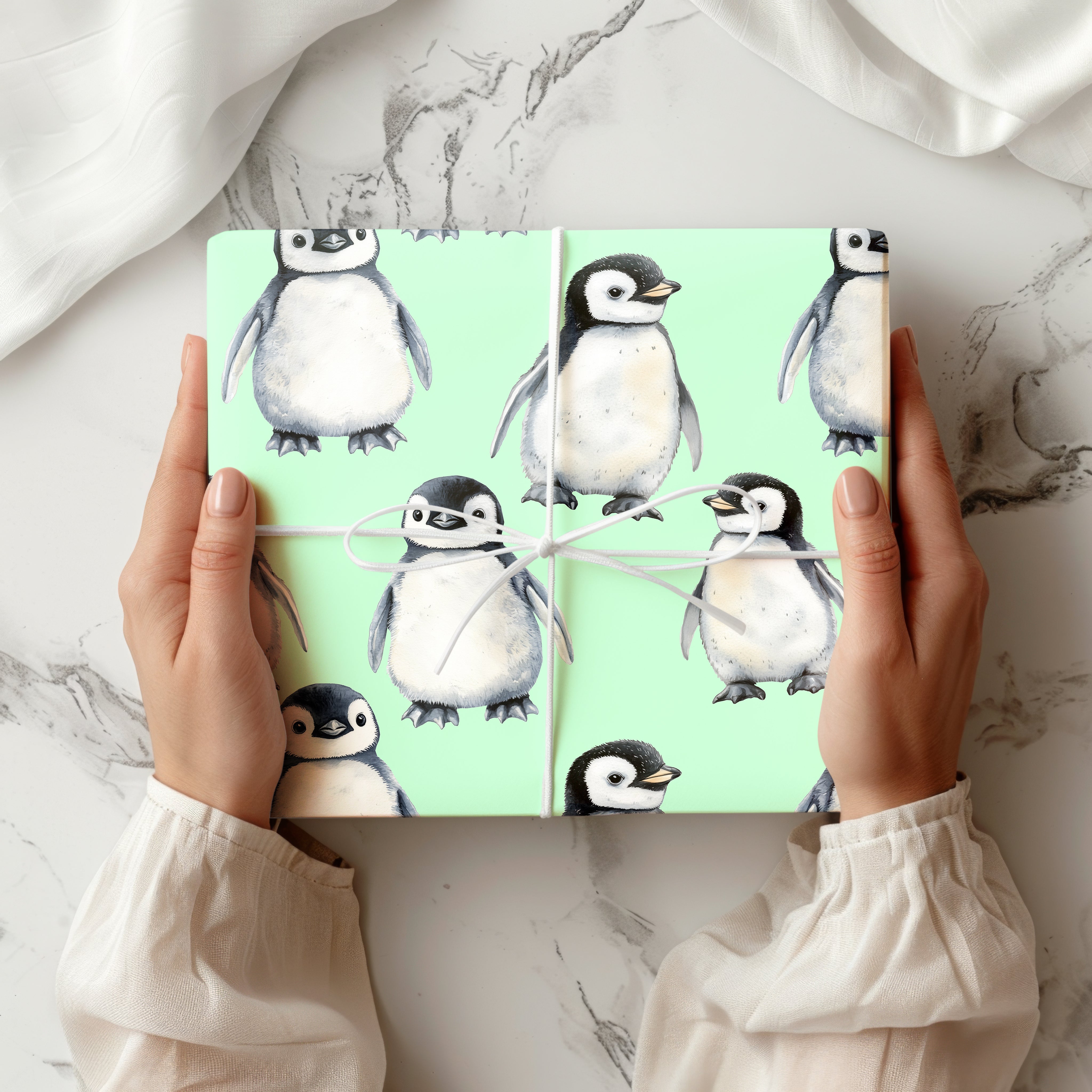 Cute Baby Penguin Wrapping Paper Sheet – Adorable Watercolour Gift Wrap for Christmas or Winter Birthdays