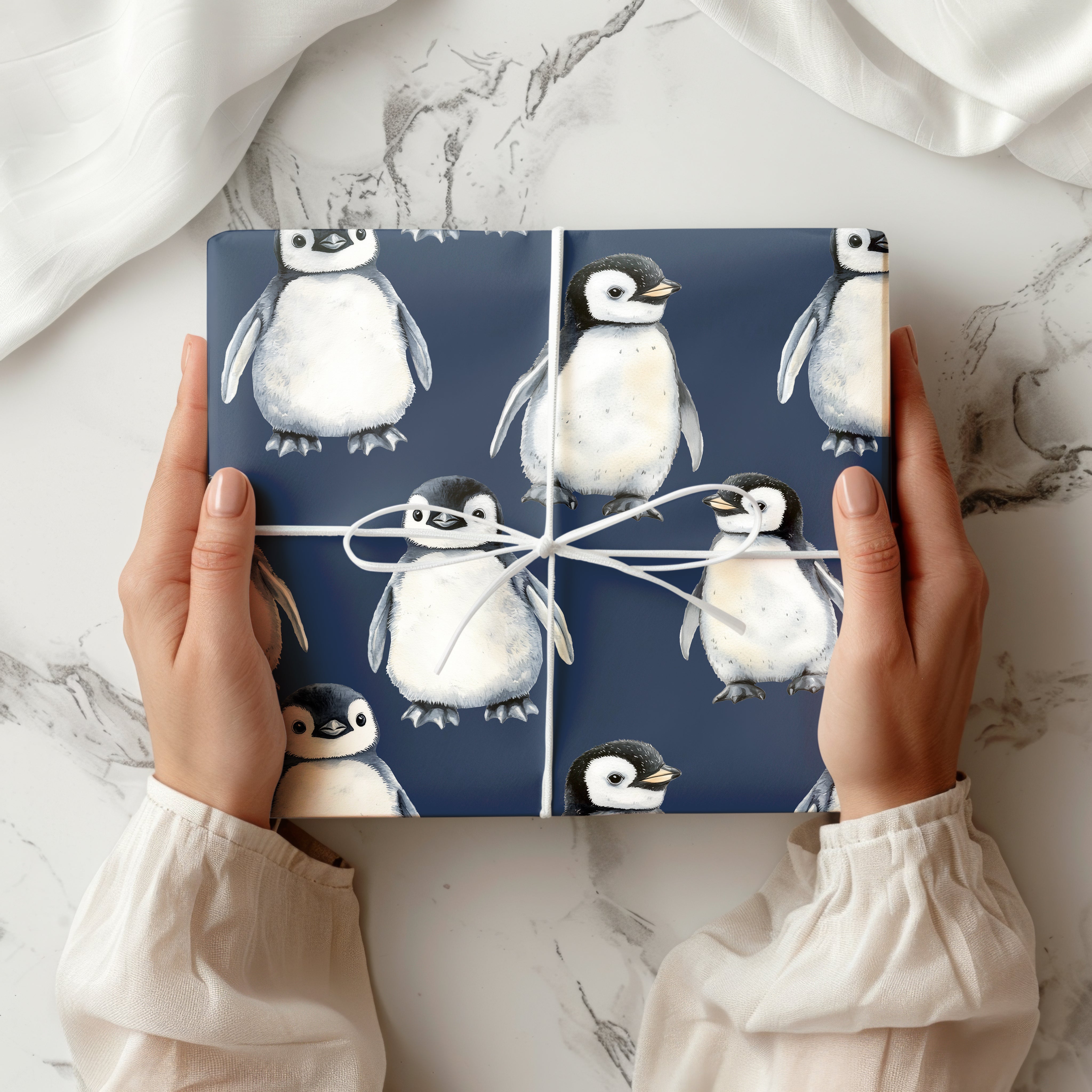 Cute Baby Penguin Wrapping Paper Sheet – Adorable Watercolour Gift Wrap for Christmas or Winter Birthdays