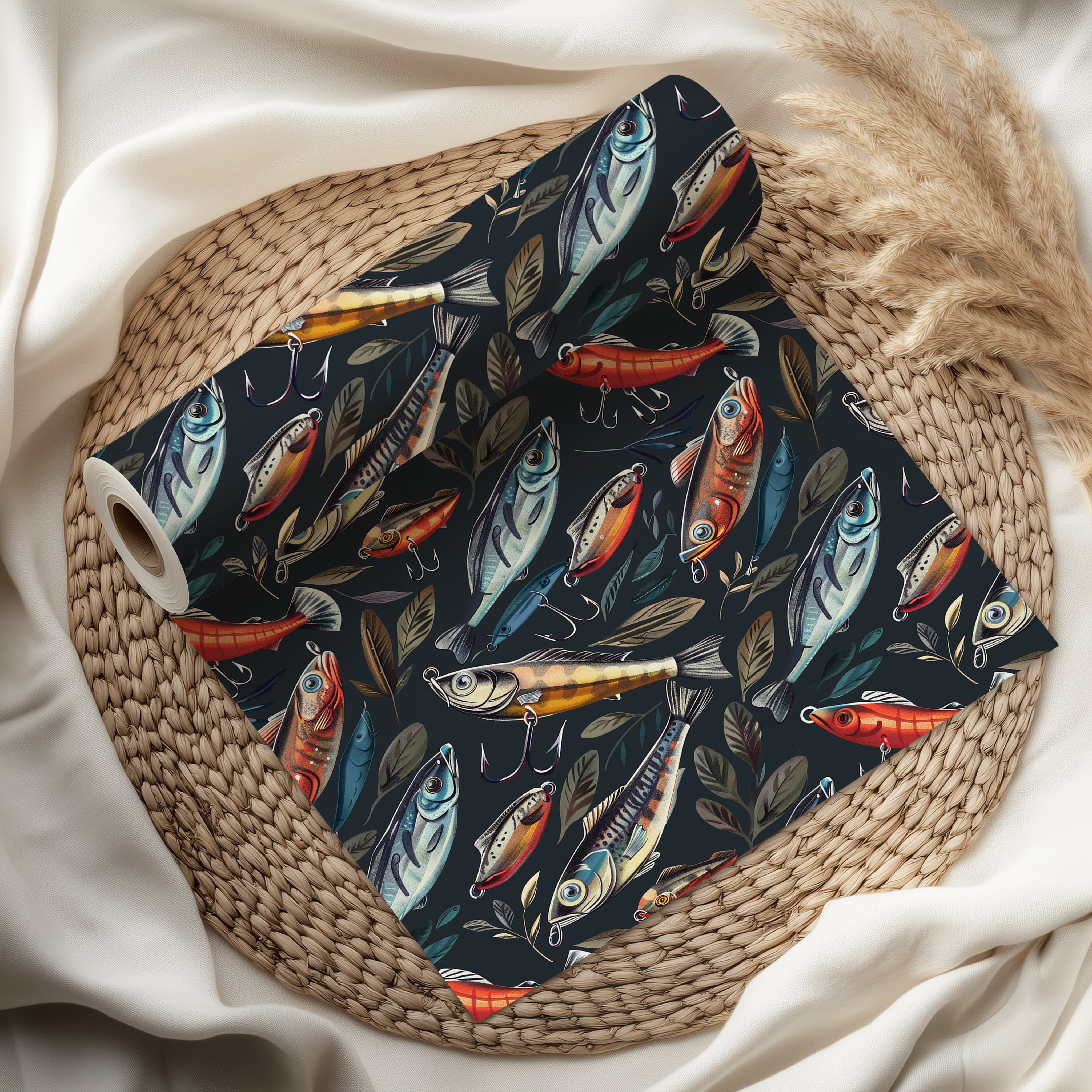 Fishing Lure Wrapping Paper Sheet – Watercolour Fish Gift Wrap for Fishermen and Anglers, Charcoal Black