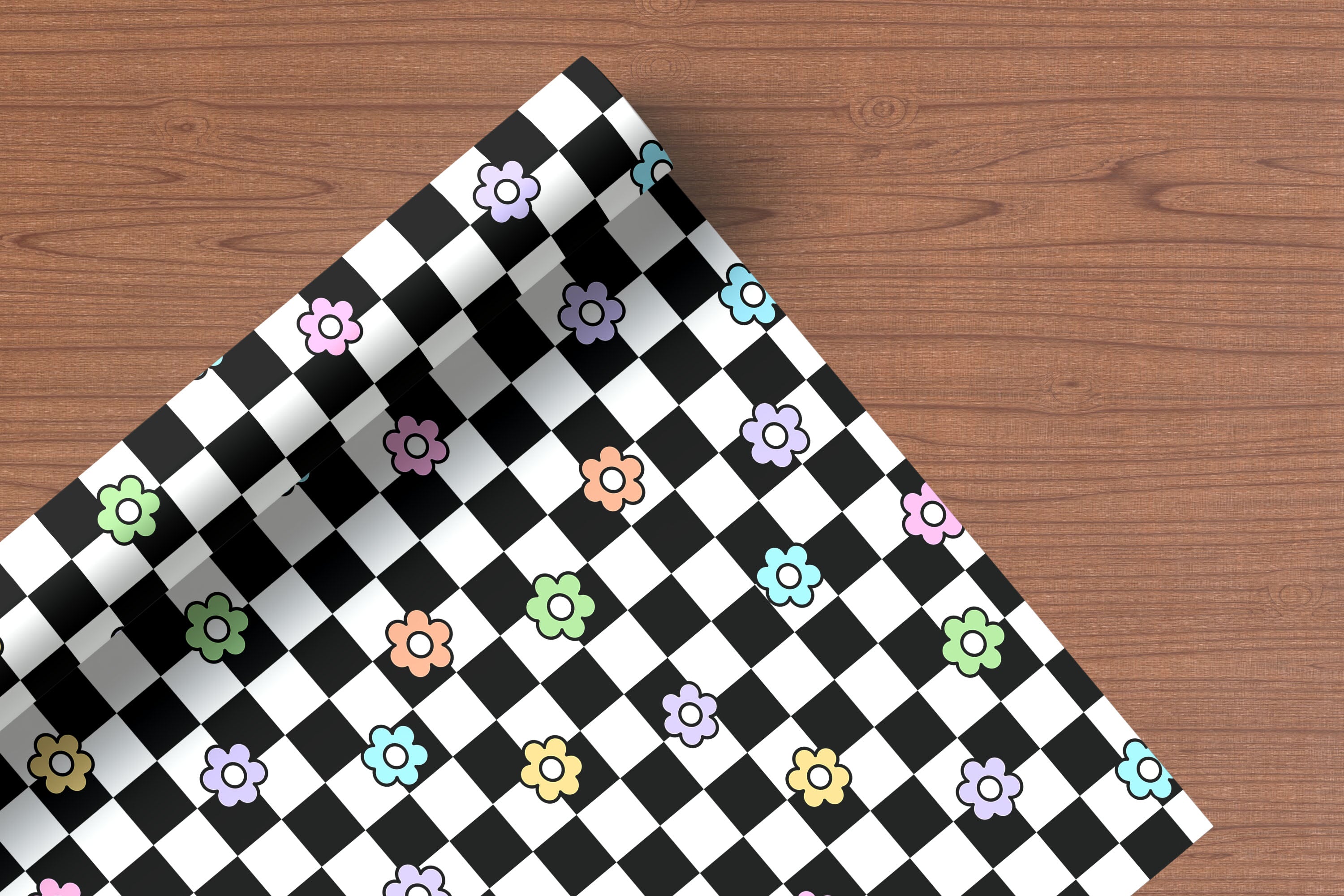 Chequered Flower Pattern Wrapping Paper Custom Printed Gift Wrap Black & White