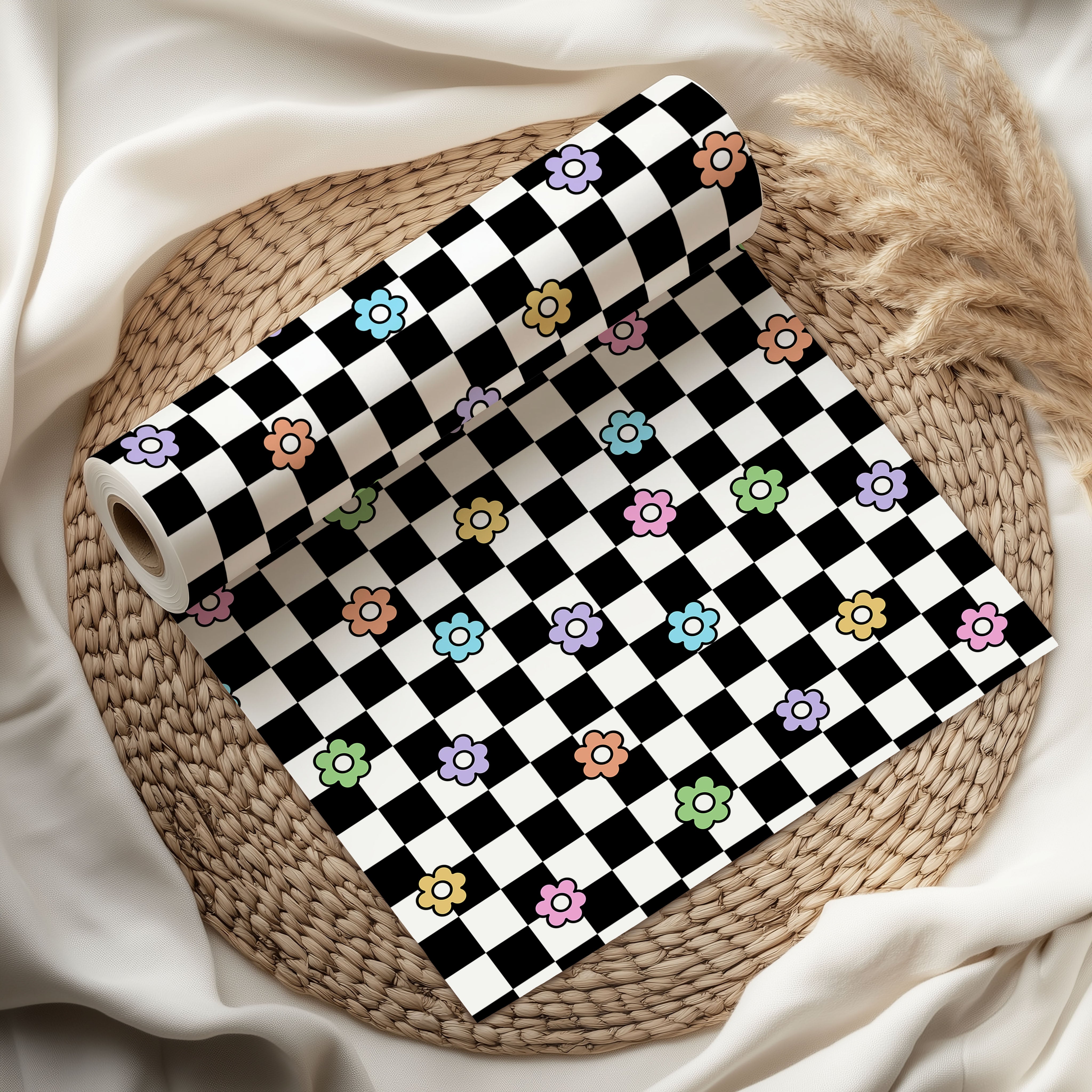 Chequered Flower Pattern Wrapping Paper Custom Printed Gift Wrap Black & White