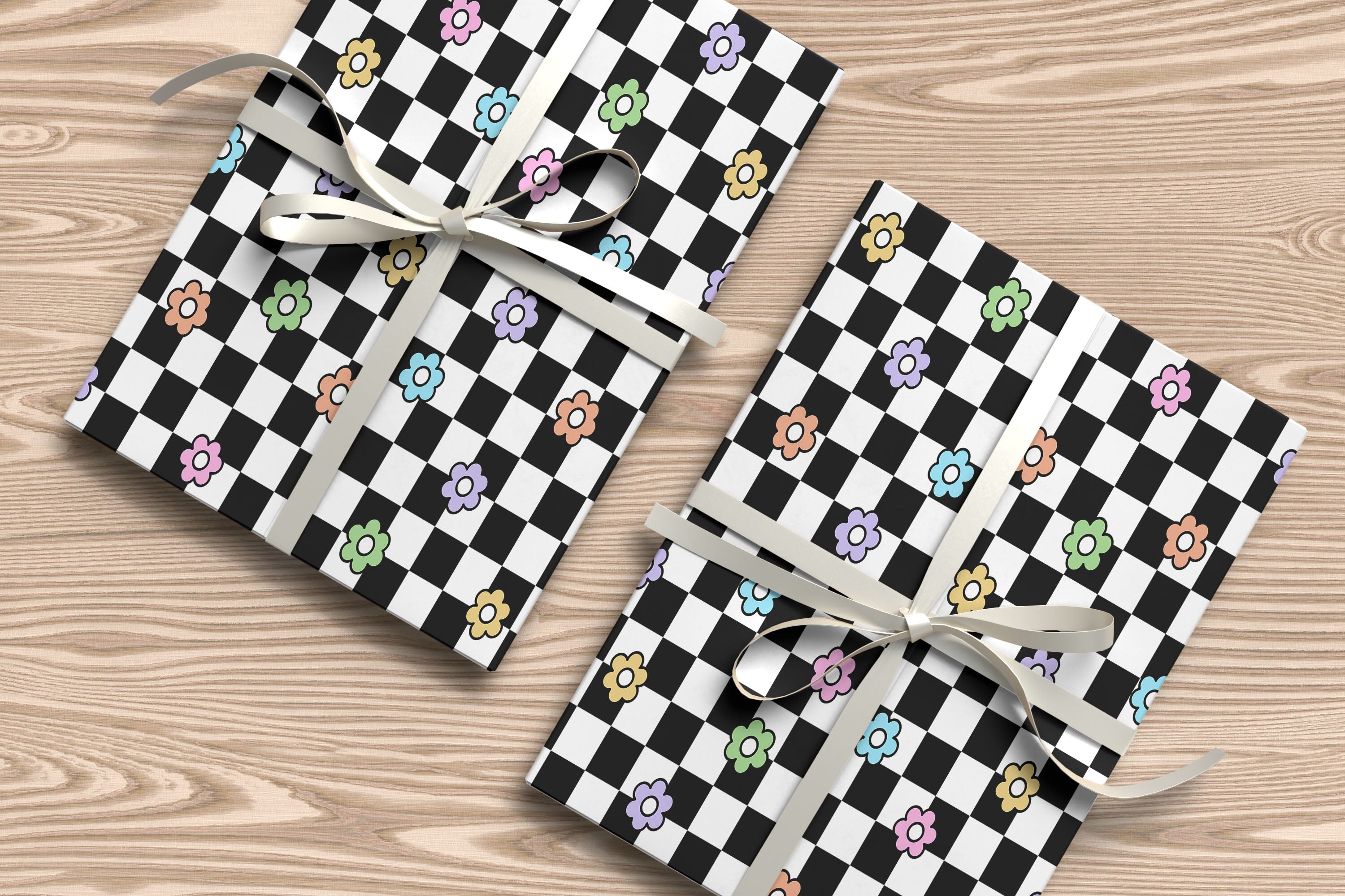 Chequered Flower Pattern Wrapping Paper Custom Printed Gift Wrap Black & White