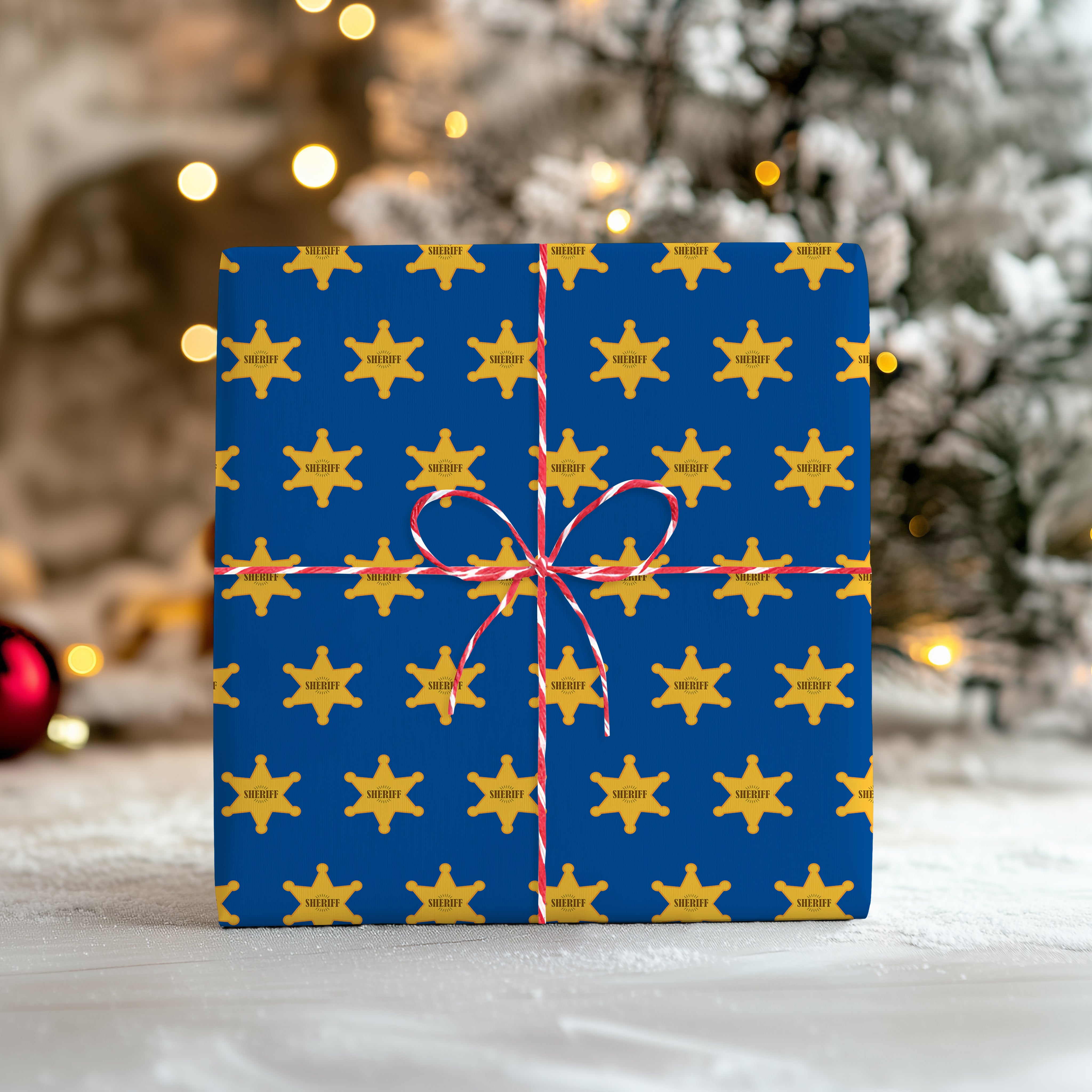 Sheriff Badge Wrapping Paper Sheet – Western Star Design Gift Wrap for Cowboy Parties or Christmas, Royal Blue