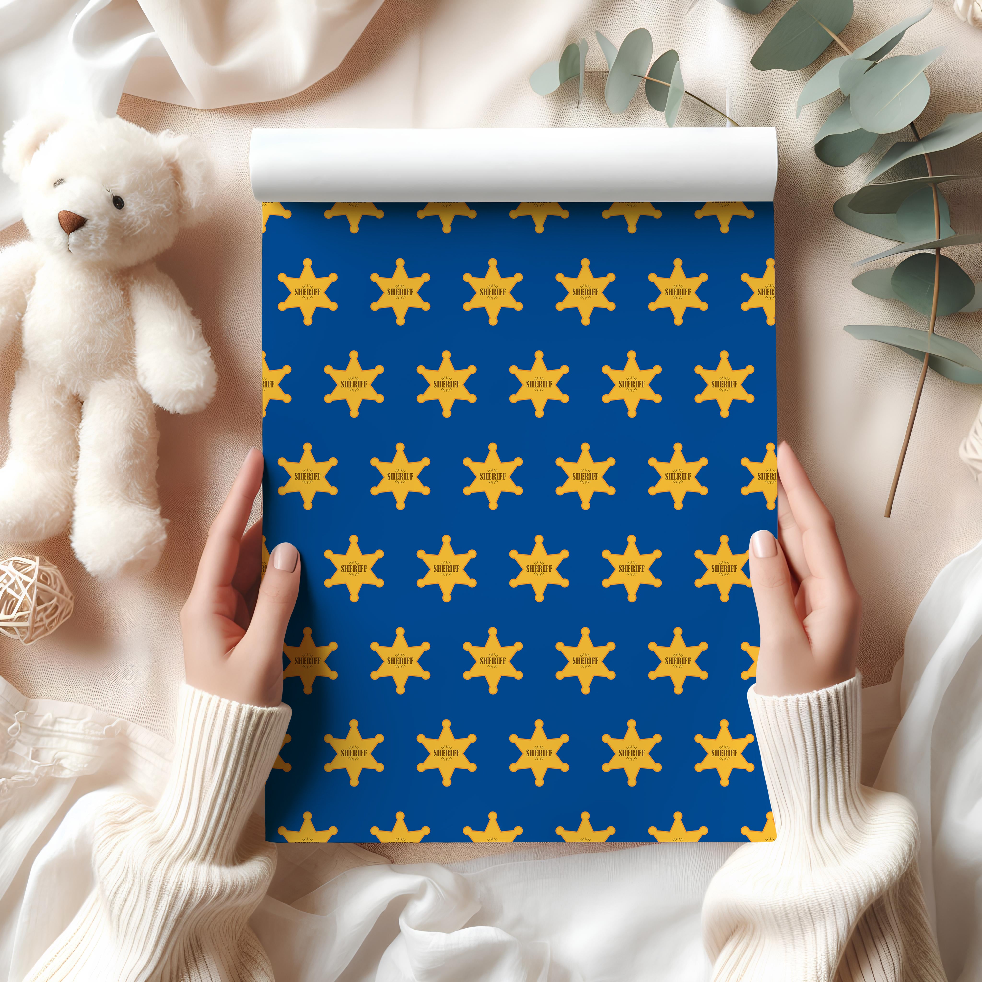 Sheriff Badge Wrapping Paper Sheet – Western Star Design Gift Wrap for Cowboy Parties or Christmas, Royal Blue