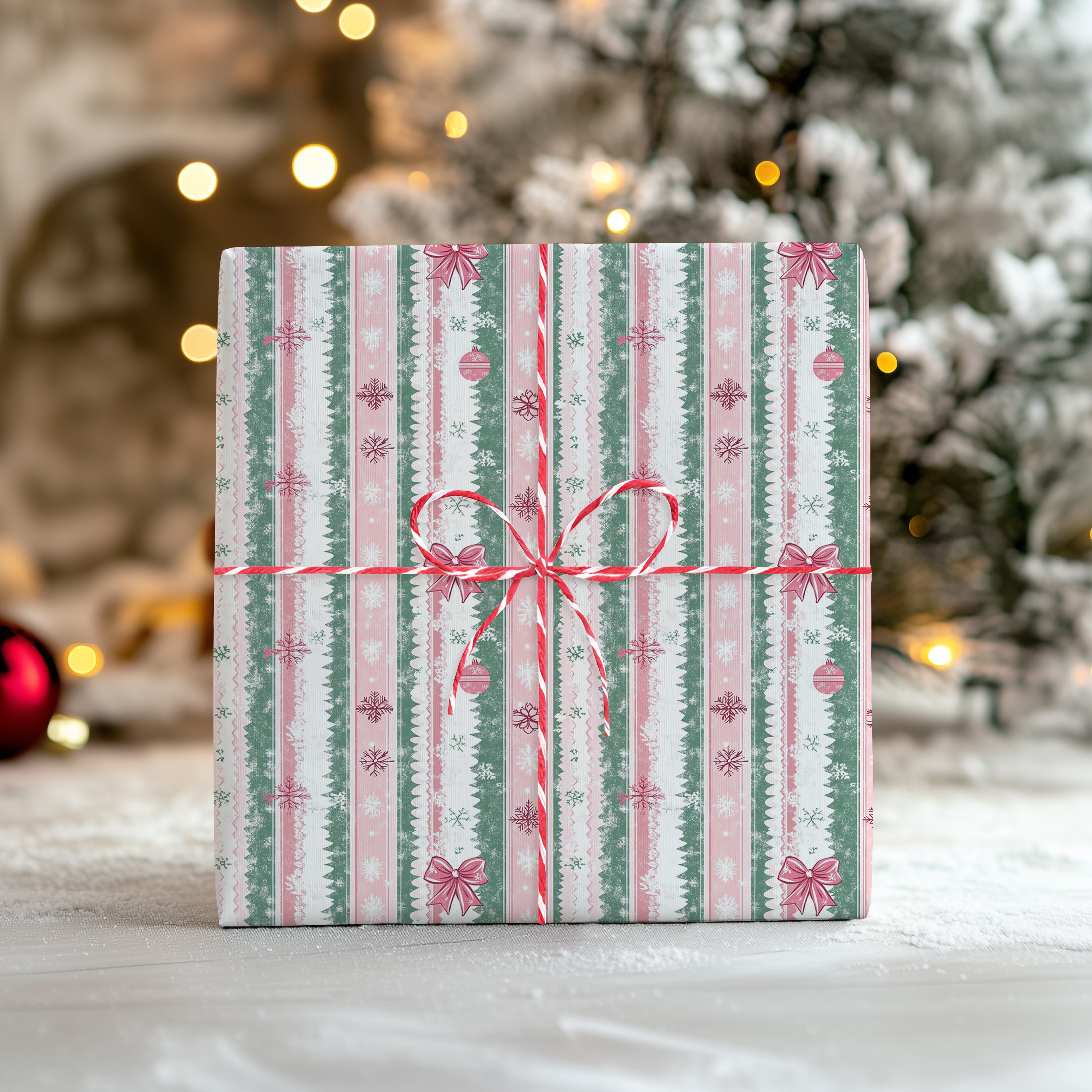 Pastel Stripe Christmas Wrapping Paper Sheet – Pink and Mint Festive Gift Wrap with Snowflakes and Ornaments, Multicolour