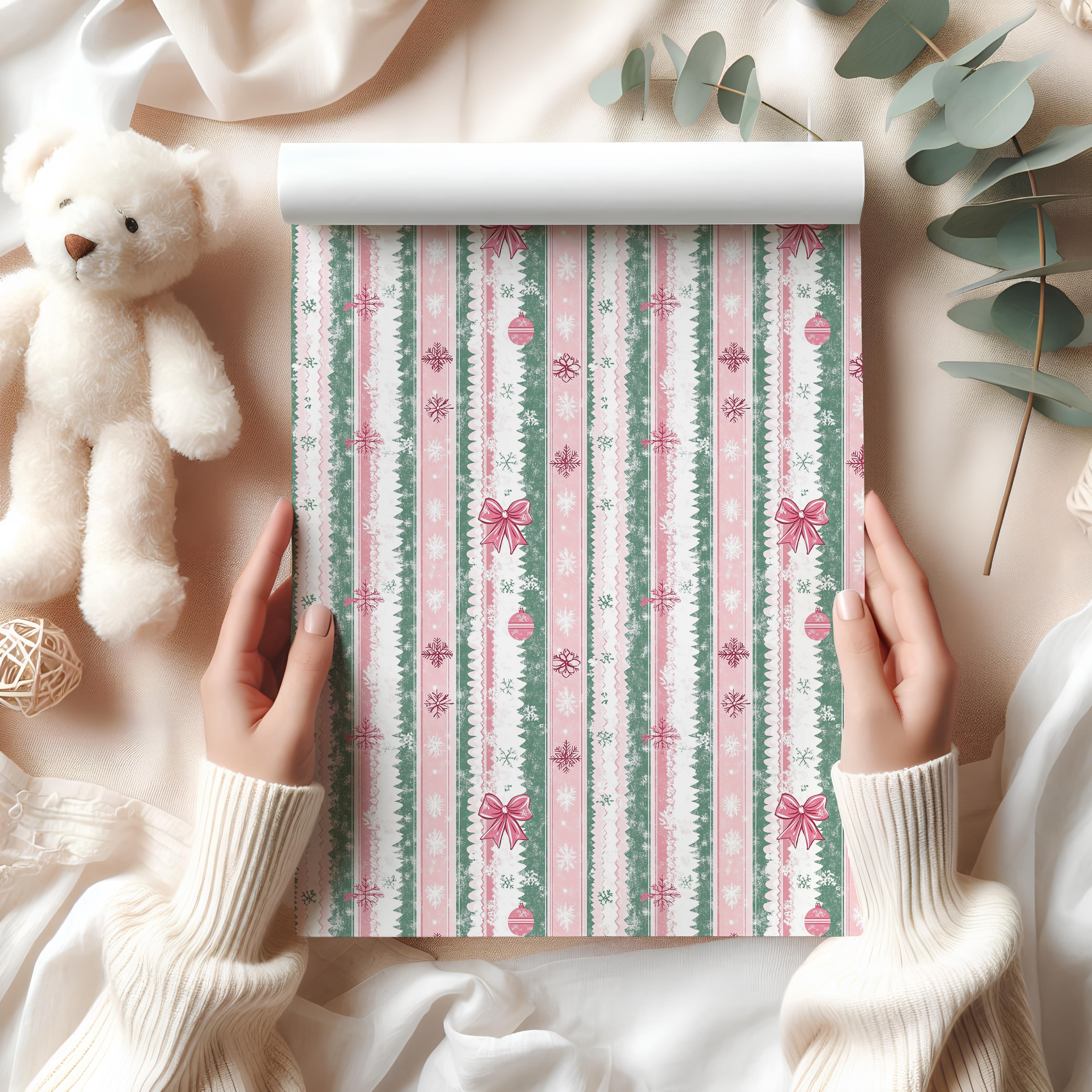 Pastel Stripe Christmas Wrapping Paper Sheet – Pink and Mint Festive Gift Wrap with Snowflakes and Ornaments, Multicolour