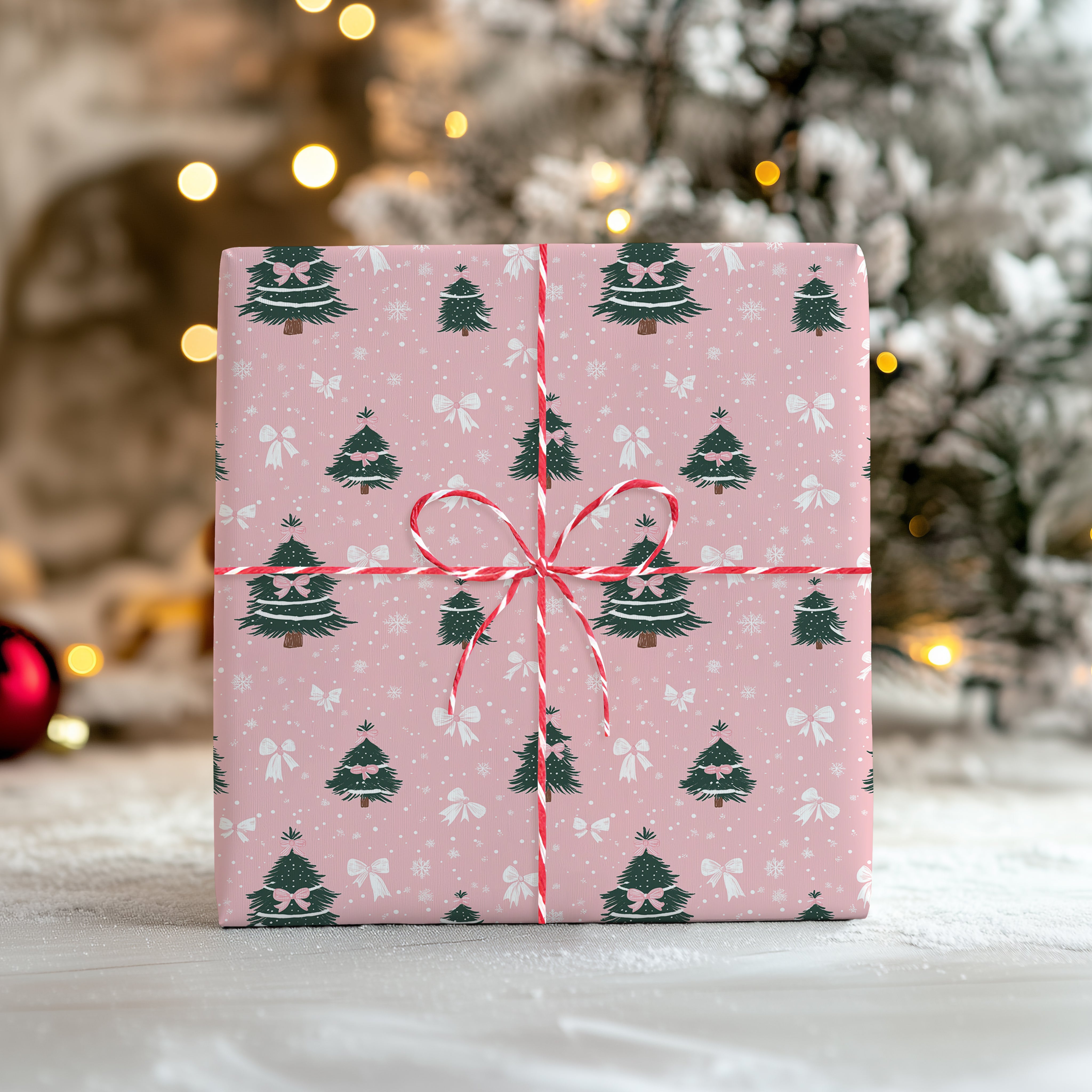 Cute Pink Christmas Tree Wrapping Paper Sheet – Pastel Festive Gift Wrap with Bows and Snowflakes, Pink