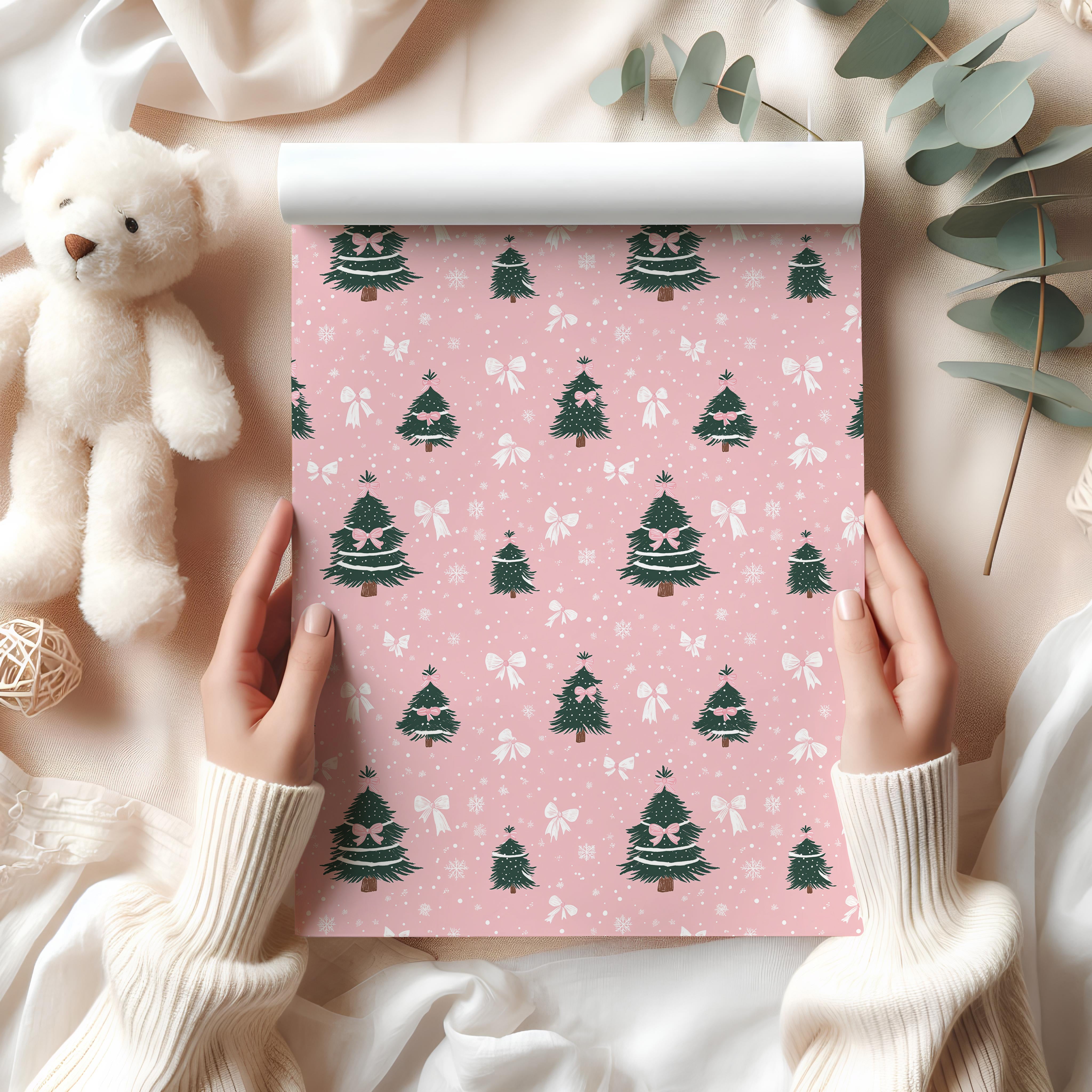 Cute Pink Christmas Tree Wrapping Paper Sheet – Pastel Festive Gift Wrap with Bows and Snowflakes, Pink