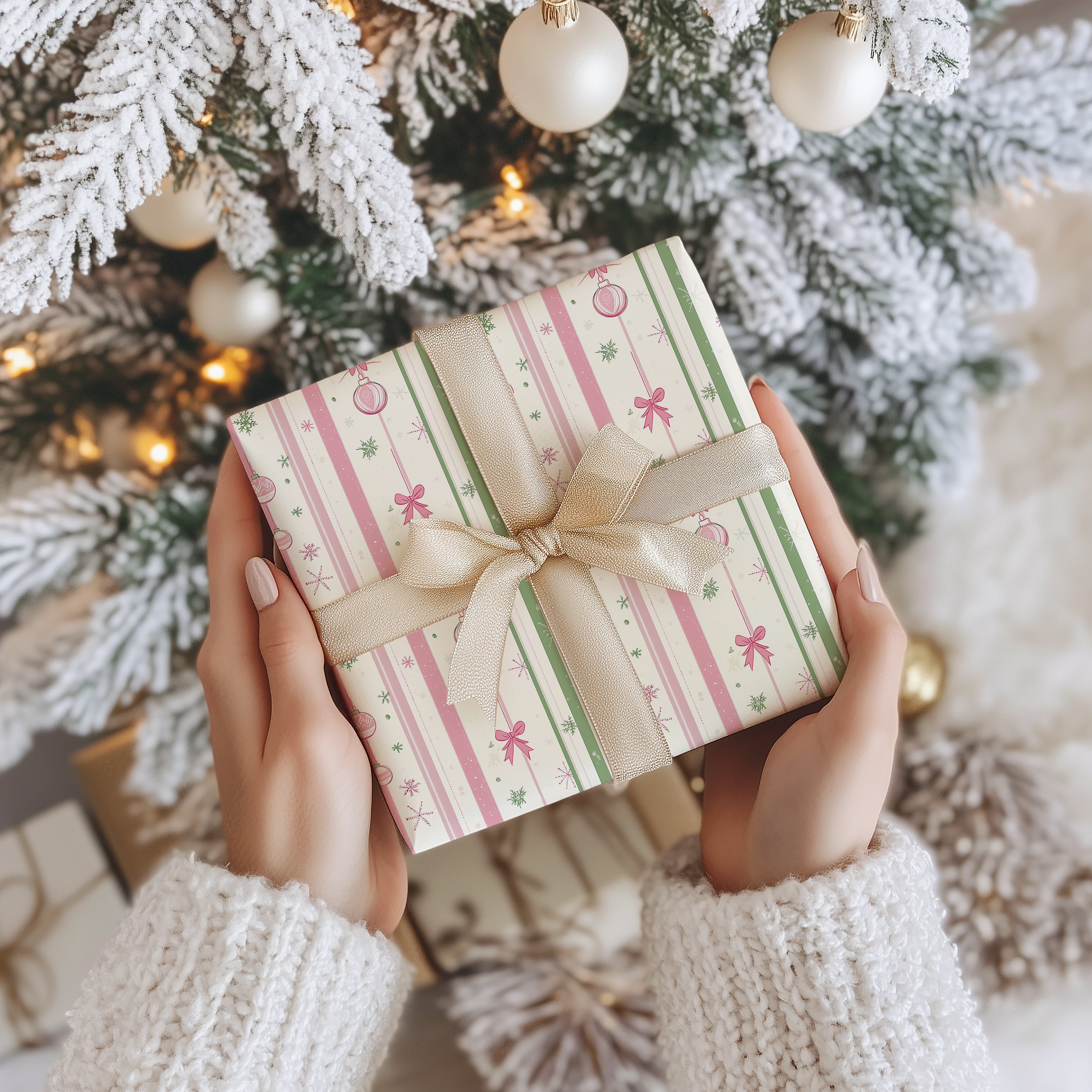 Pastel Stripe Christmas Wrapping Paper Sheet – Pink and Mint Festive Gift Wrap with Ornaments and Bows, Multicolour