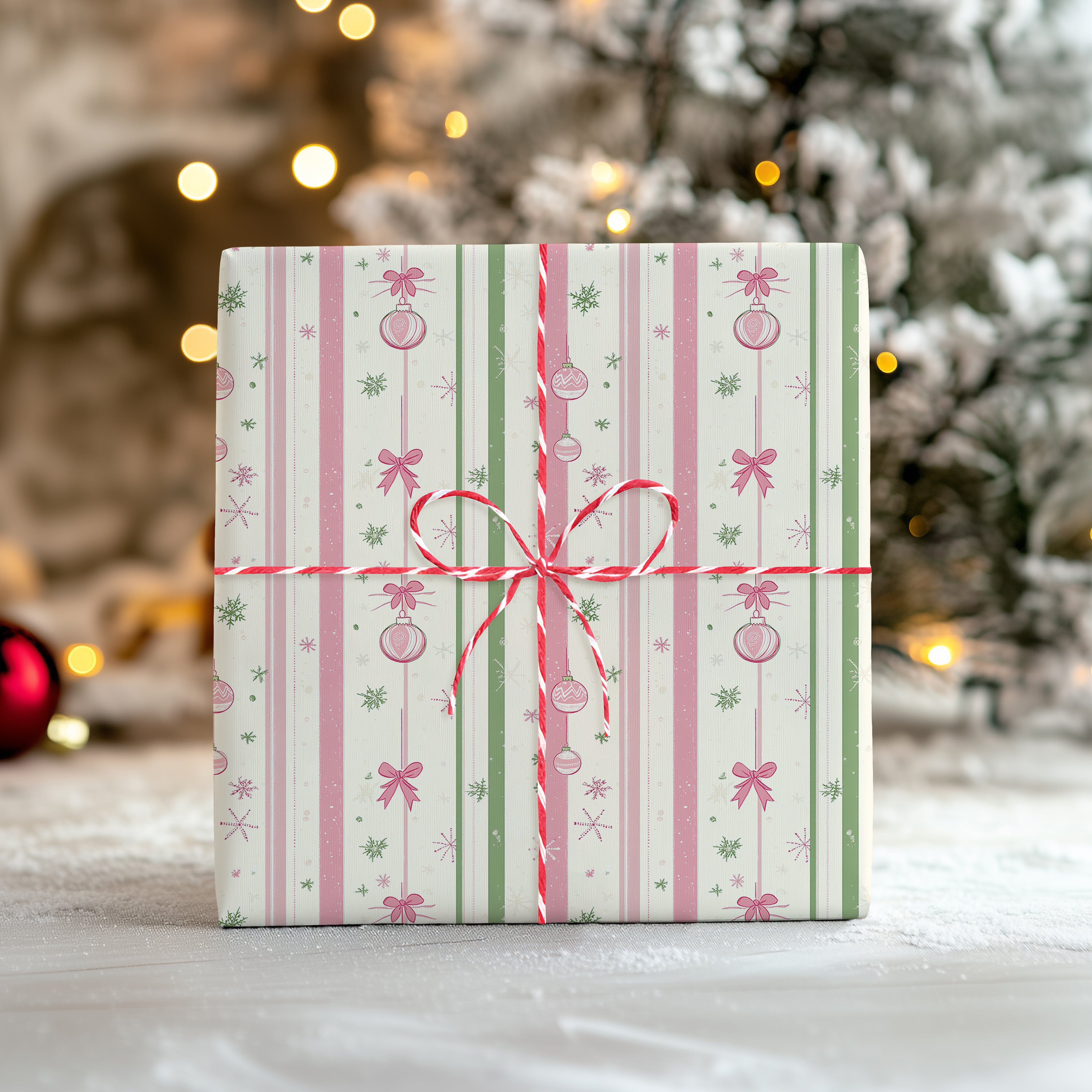 Pastel Stripe Christmas Wrapping Paper Sheet – Pink and Mint Festive Gift Wrap with Ornaments and Bows, Multicolour