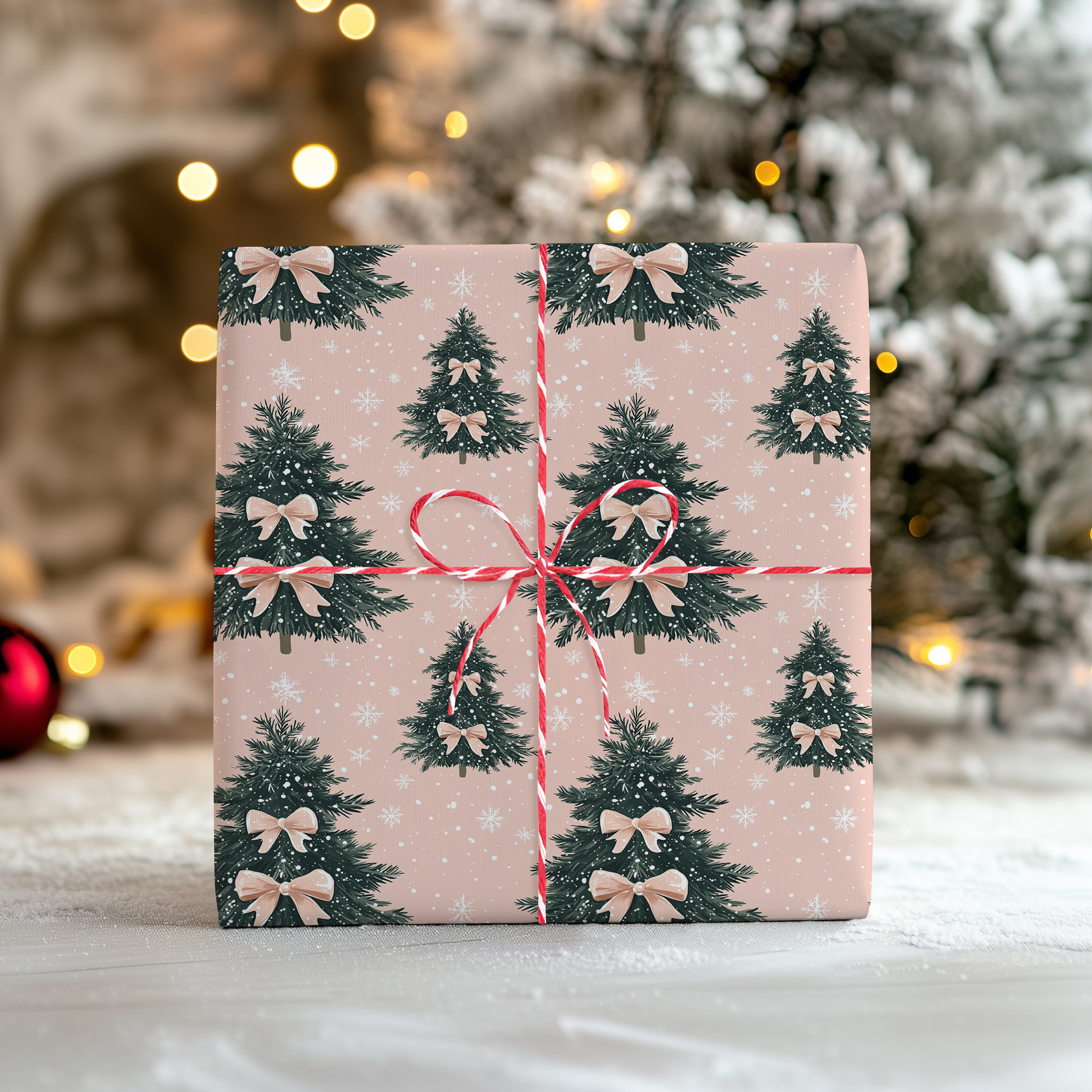 Pink Christmas Tree Wrapping Paper Sheet – Cute Pastel Festive Gift Wrap with Bows and Snowflakes, Blush Pink