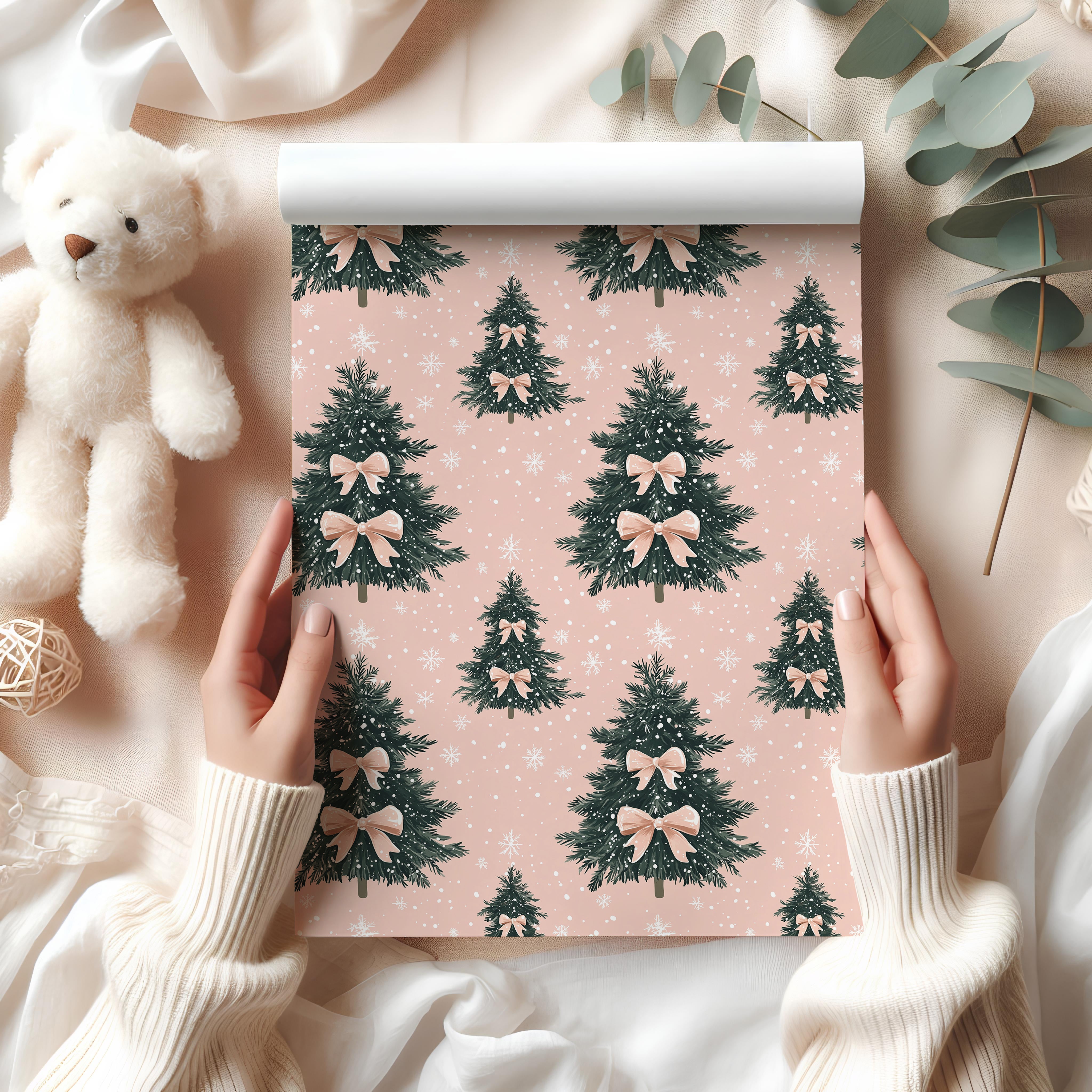Pink Christmas Tree Wrapping Paper Sheet – Cute Pastel Festive Gift Wrap with Bows and Snowflakes, Blush Pink