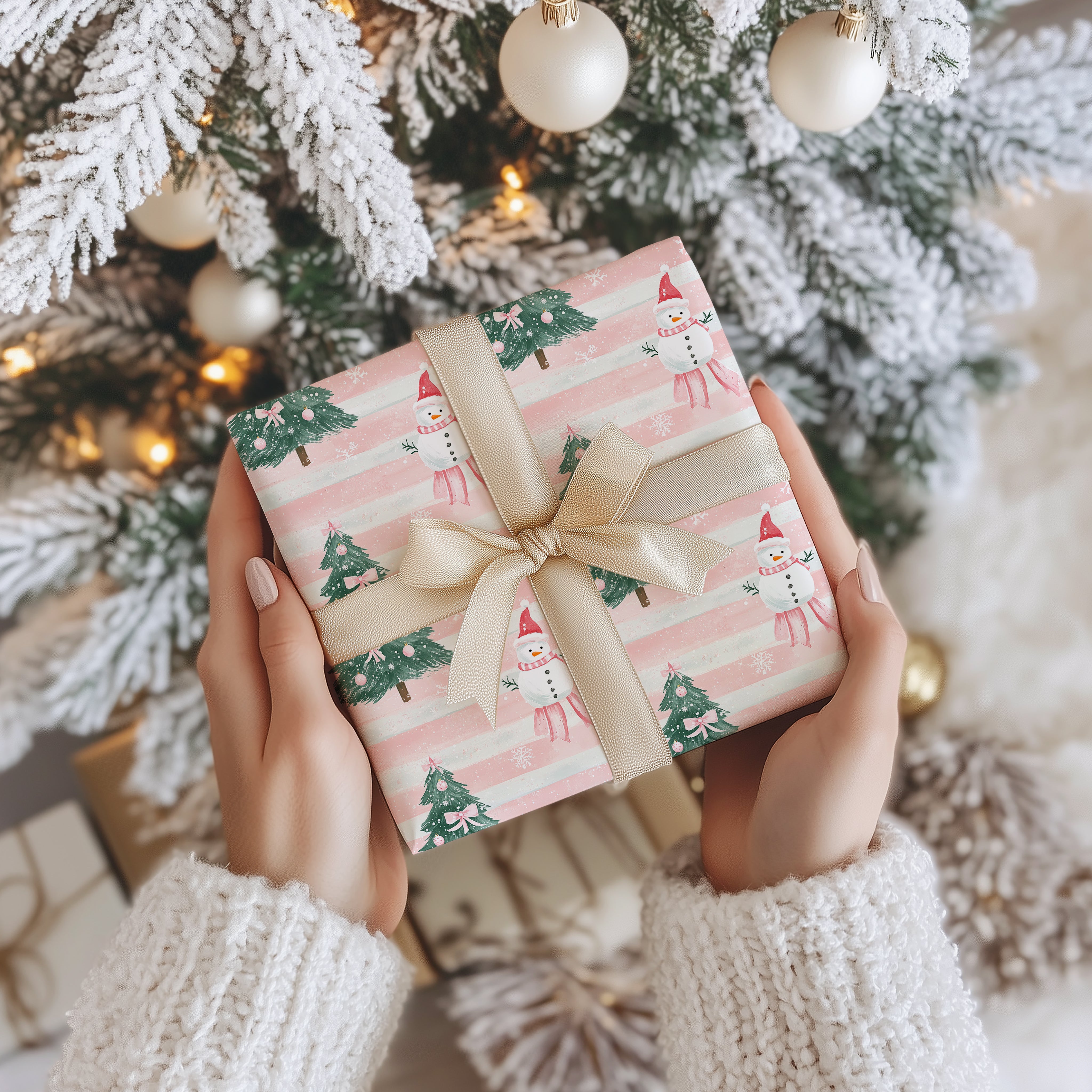 Cute Snowman Christmas Wrapping Paper Sheet – Pastel Stripe Gift Wrap with Trees for Festive Gifts, Blush Pink