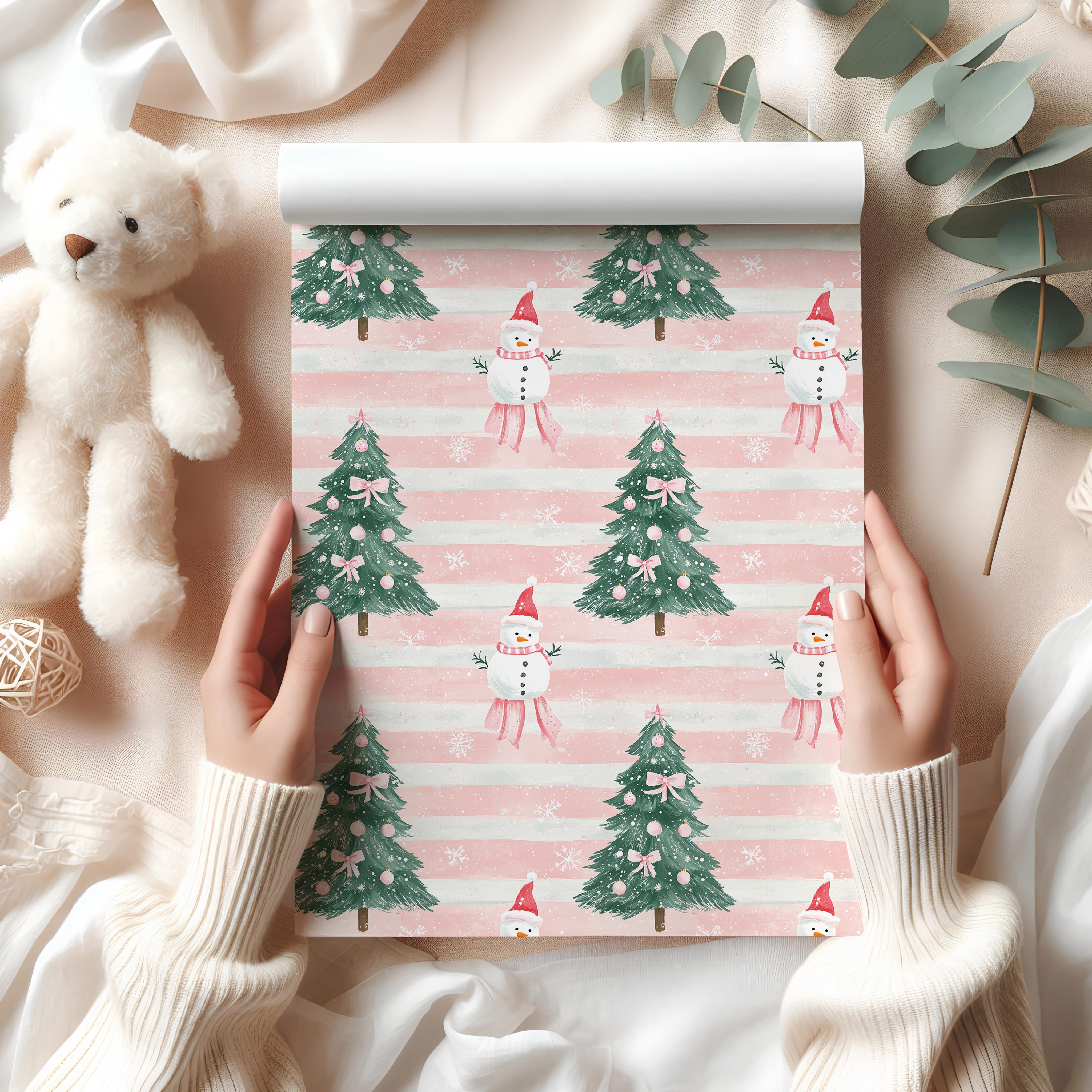 Cute Snowman Christmas Wrapping Paper Sheet – Pastel Stripe Gift Wrap with Trees for Festive Gifts, Blush Pink
