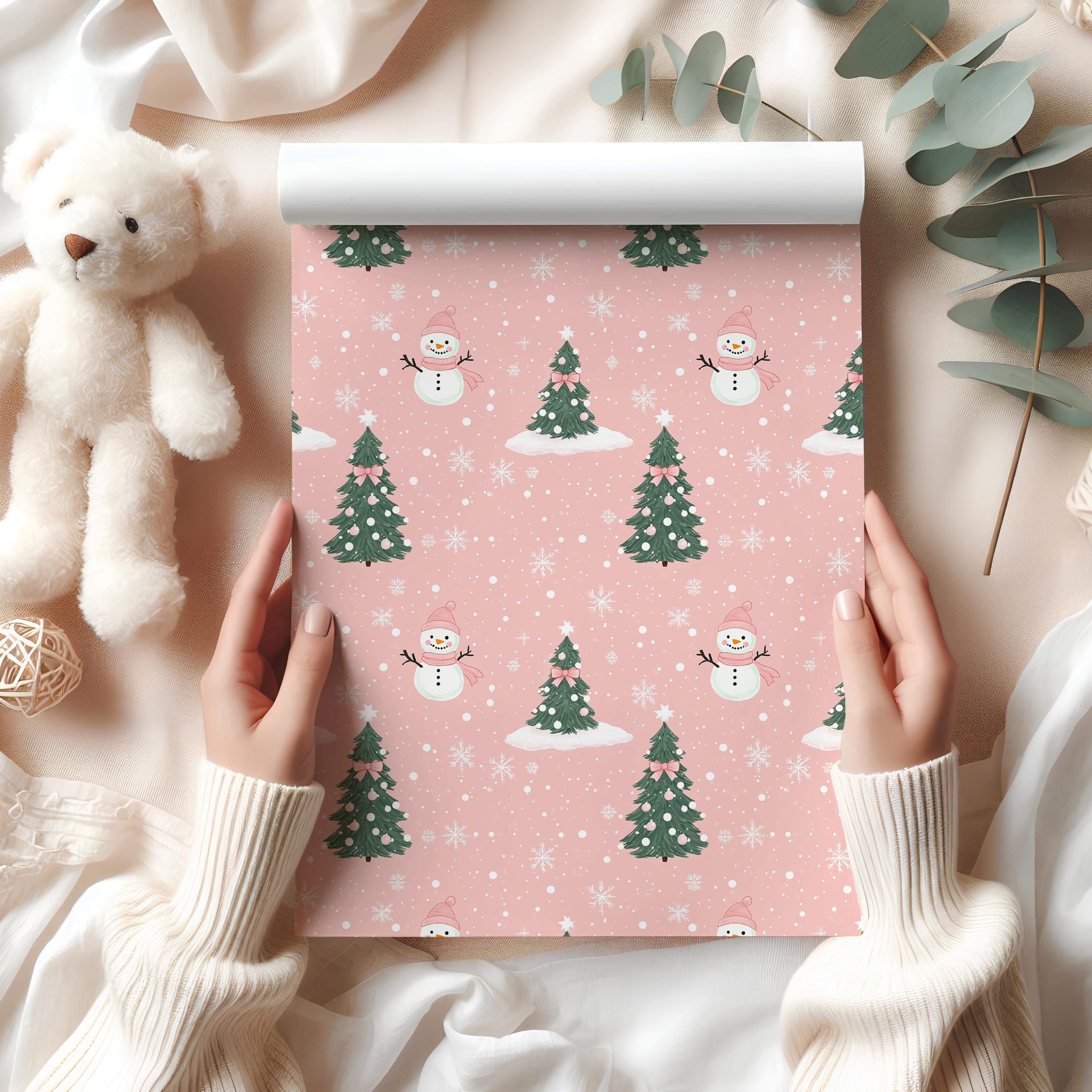 Cute Snowman Christmas Wrapping Paper Sheet – Pastel Pink Festive Gift Wrap with Snowflakes and Trees, Blush Pink