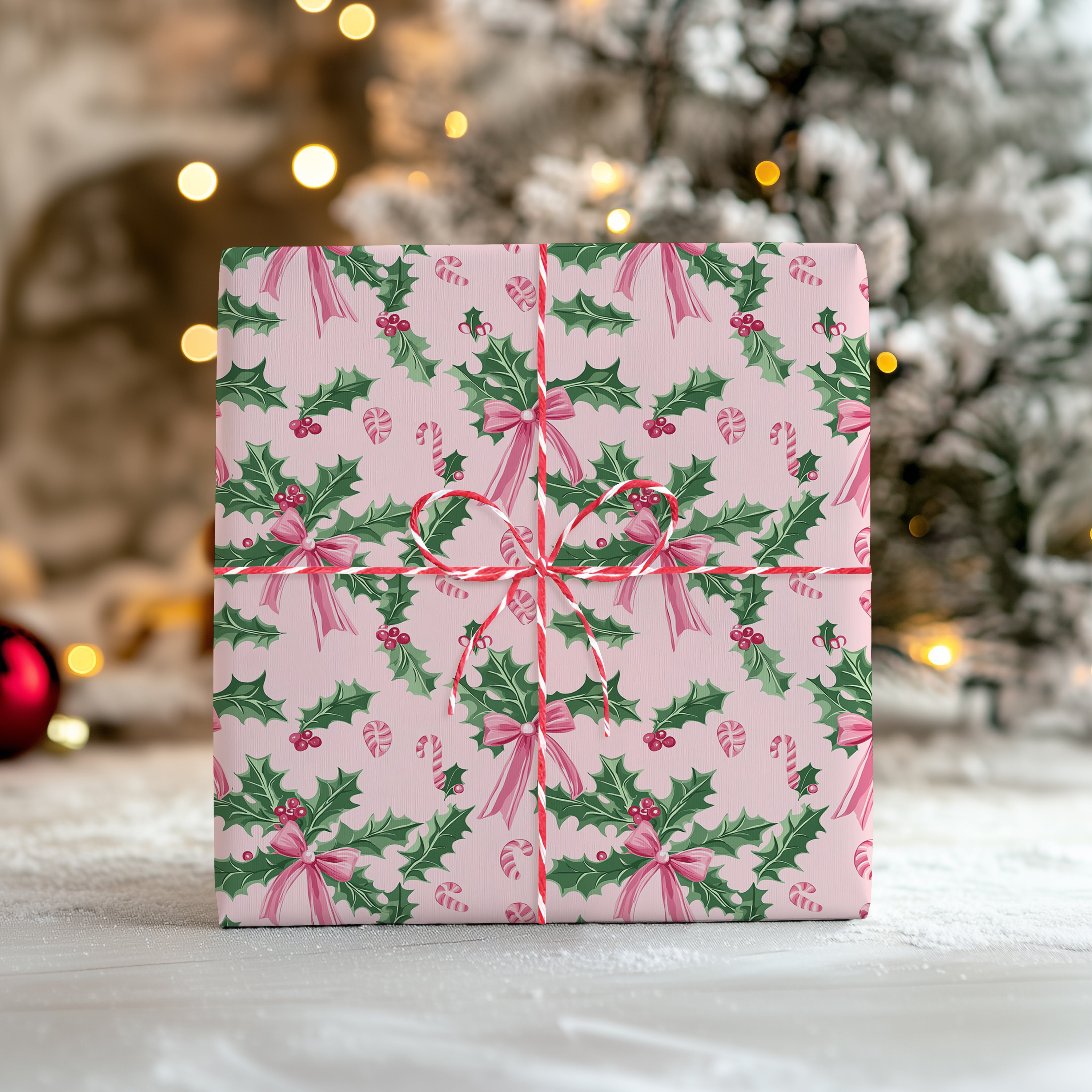 Holly and Candy Cane Wrapping Paper Sheet – Cute Pastel Gift Wrap for Christmas, Blush Pink