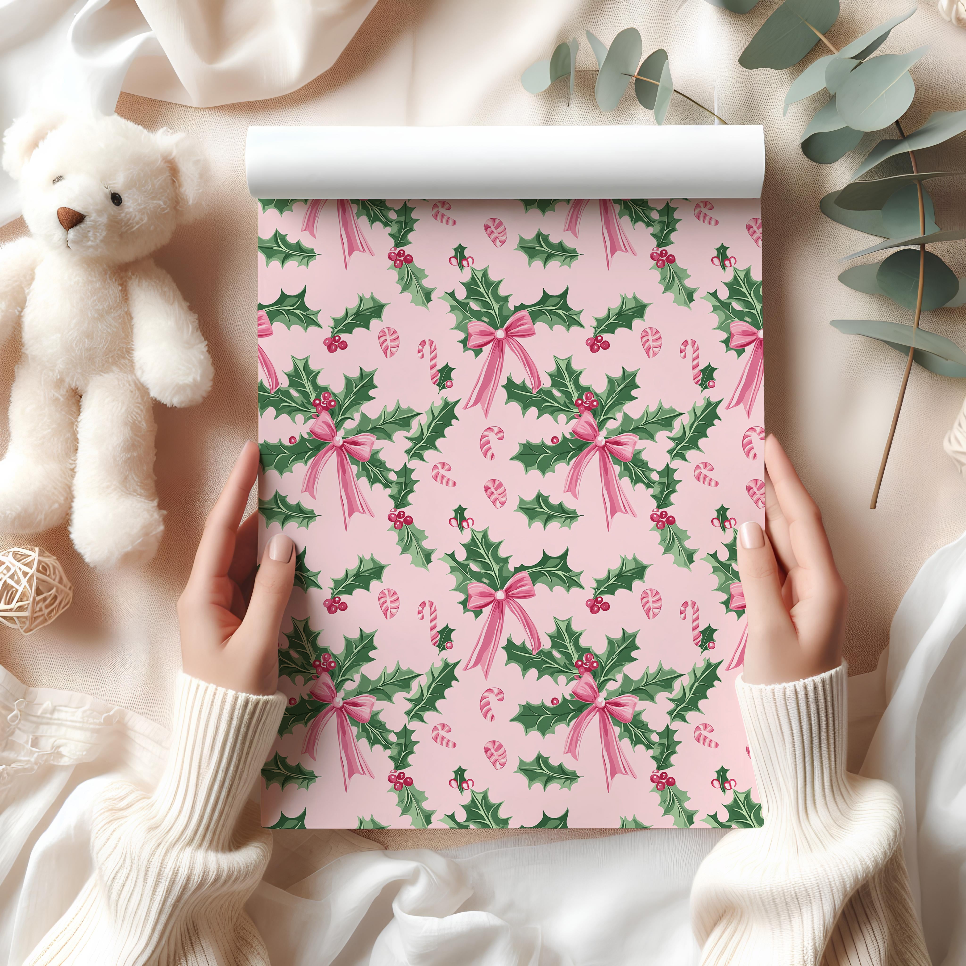 Holly and Candy Cane Wrapping Paper Sheet – Cute Pastel Gift Wrap for Christmas, Blush Pink