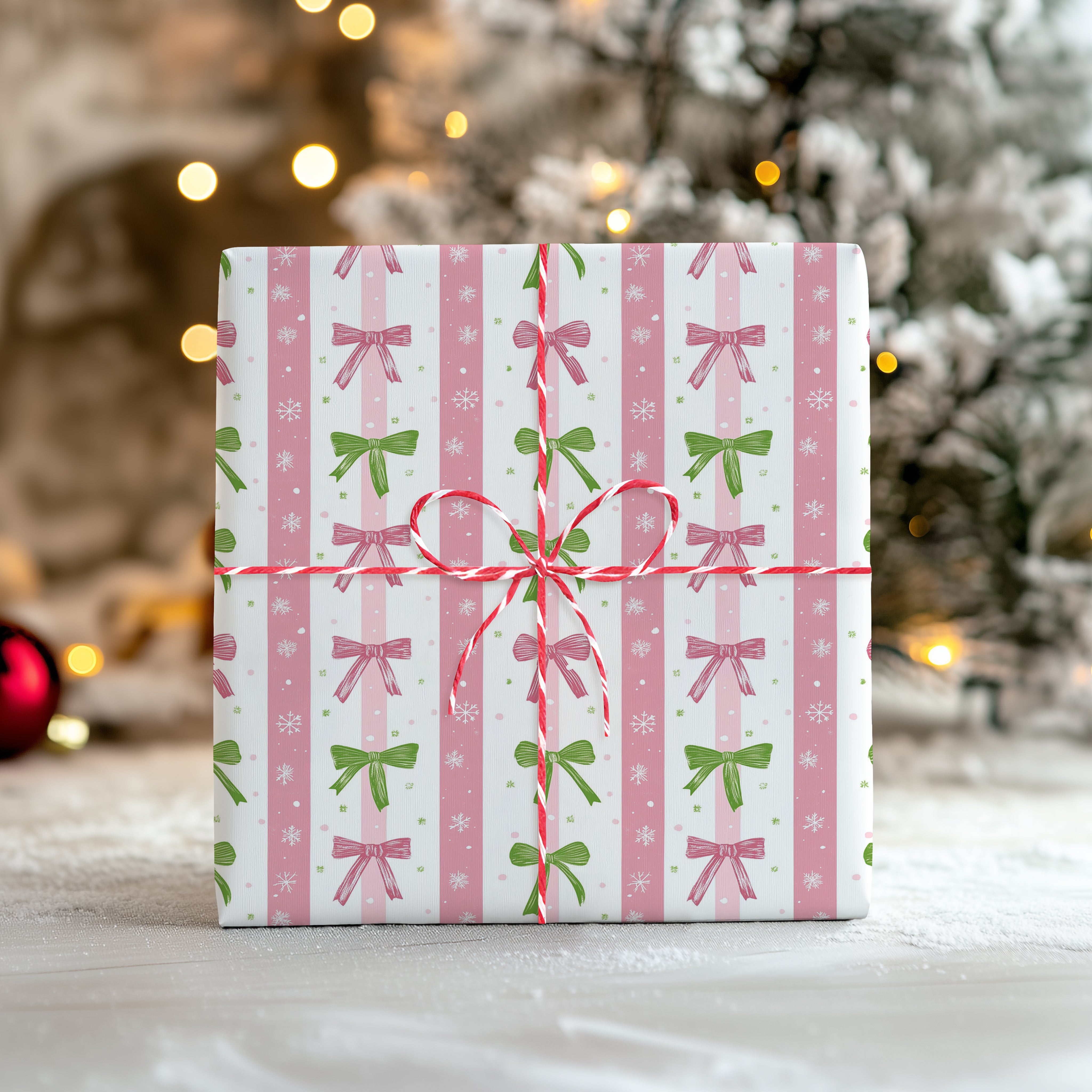 Pastel Stripe Christmas Wrapping Paper Sheet – Cute Bow Gift Wrap for Festive Presents, Pink and Green