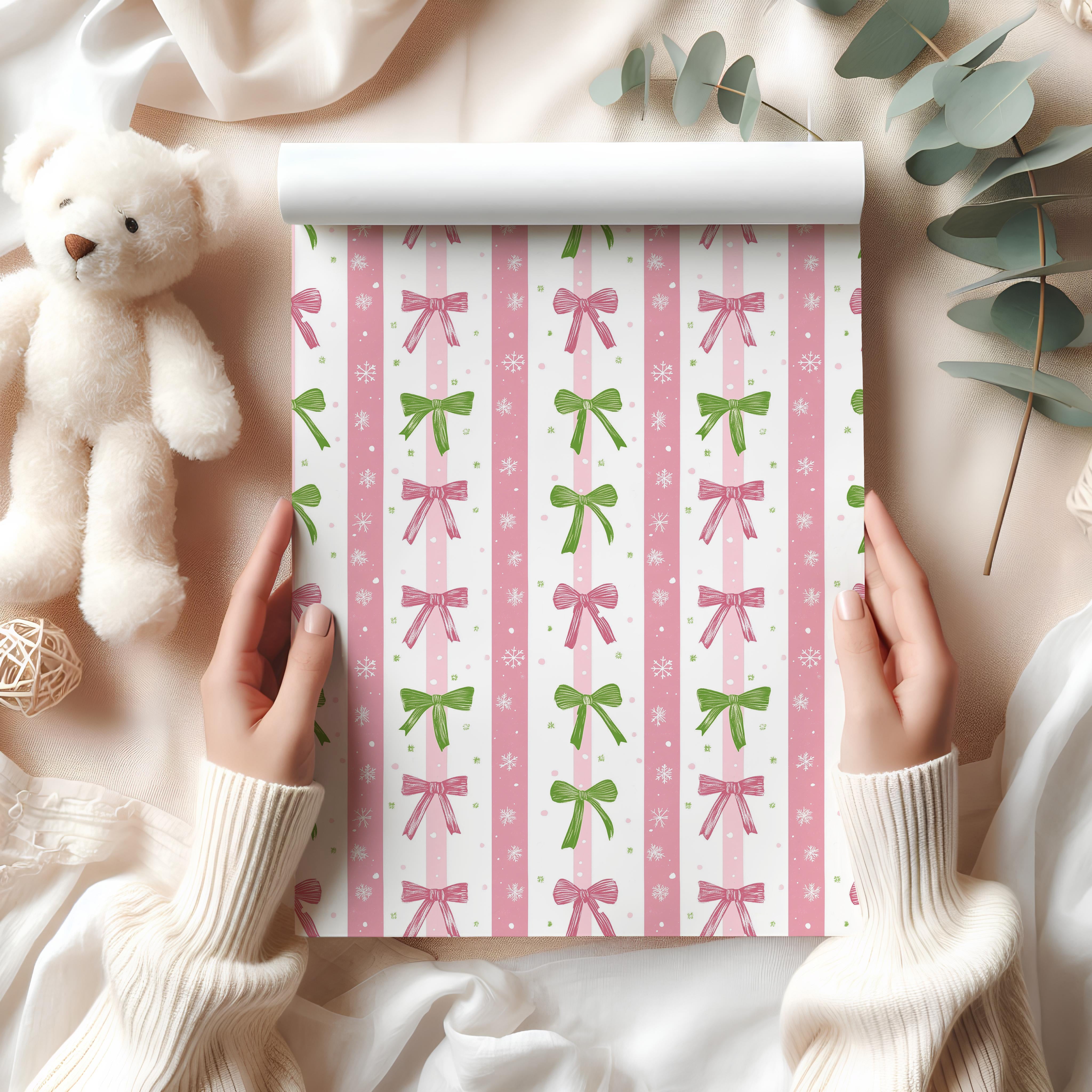 Pastel Stripe Christmas Wrapping Paper Sheet – Cute Bow Gift Wrap for Festive Presents, Pink and Green