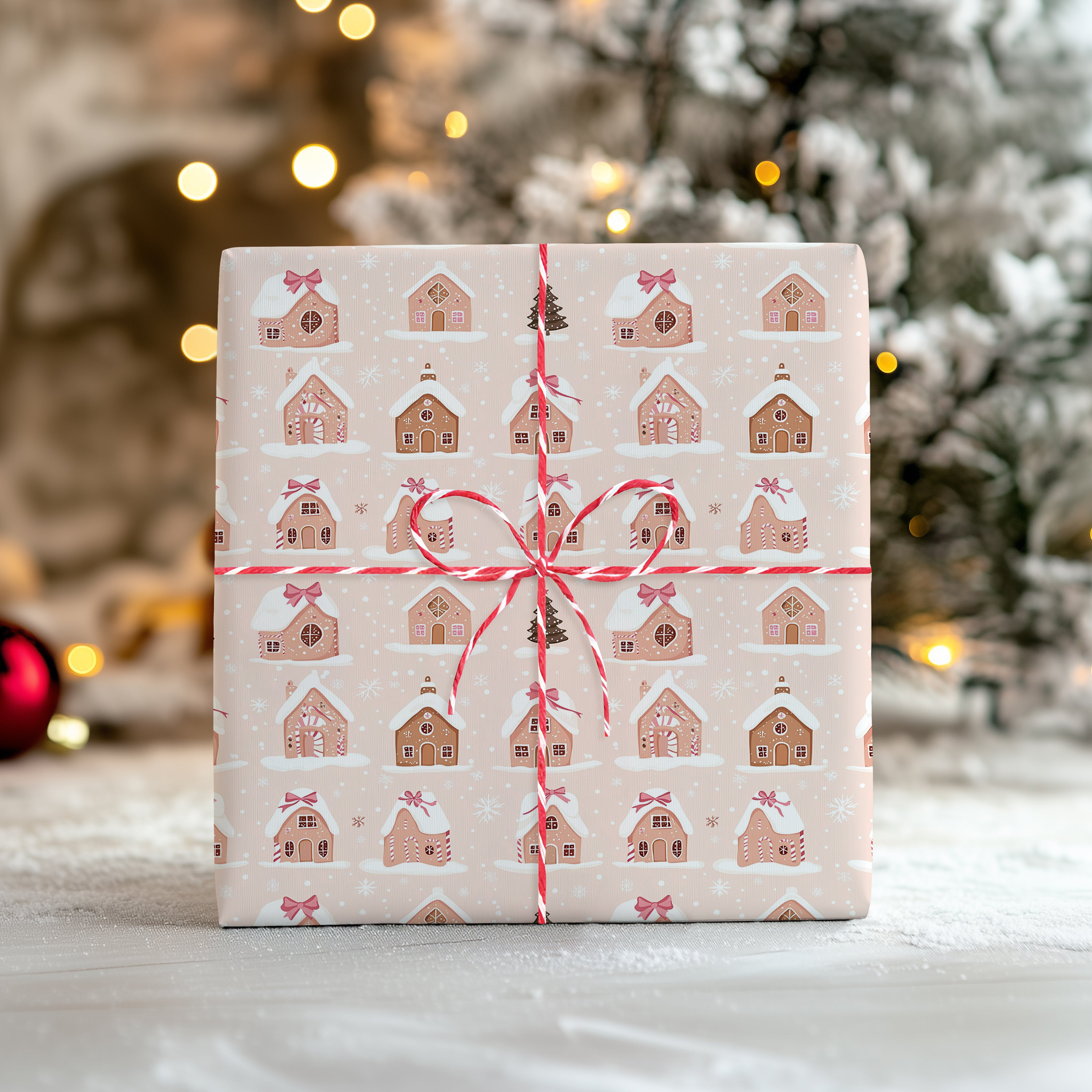 Gingerbread House Wrapping Paper Sheet – Cute Pastel Festive Gift Wrap for Christmas, Blush Pink