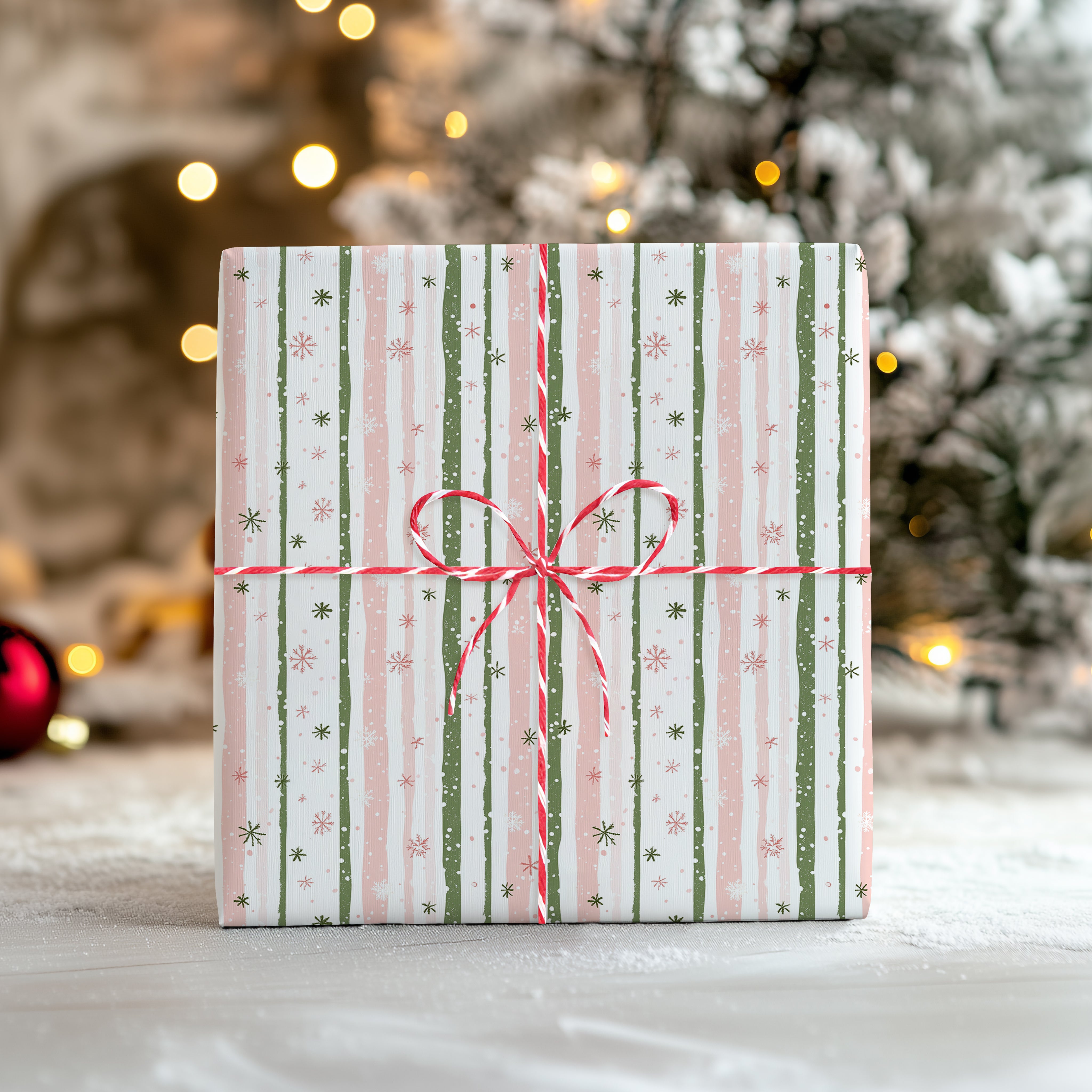 Pastel Stripe Christmas Wrapping Paper Sheet – Pink and Mint Festive Gift Wrap with Snowflakes, Multicolour