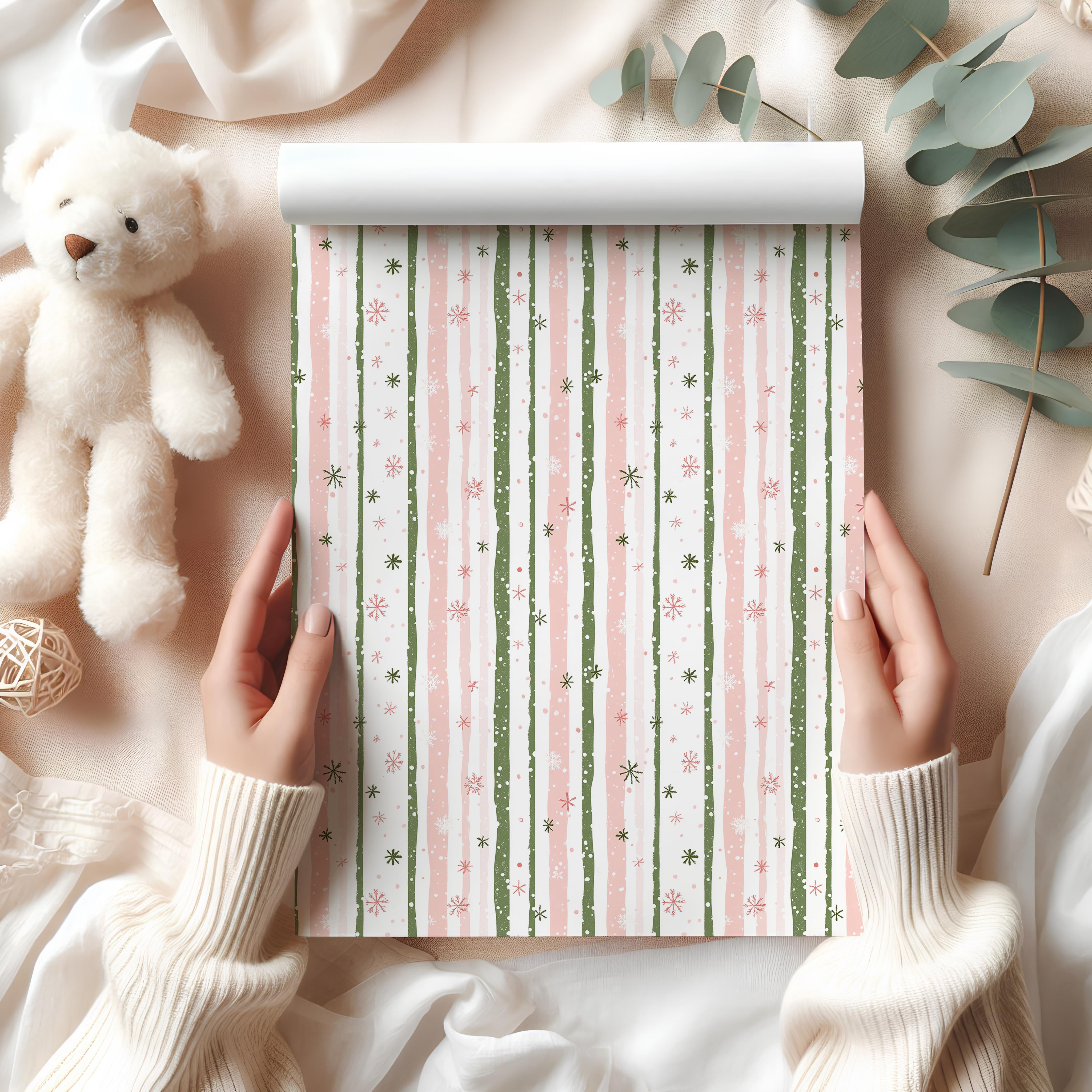 Pastel Stripe Christmas Wrapping Paper Sheet – Pink and Mint Festive Gift Wrap with Snowflakes, Multicolour