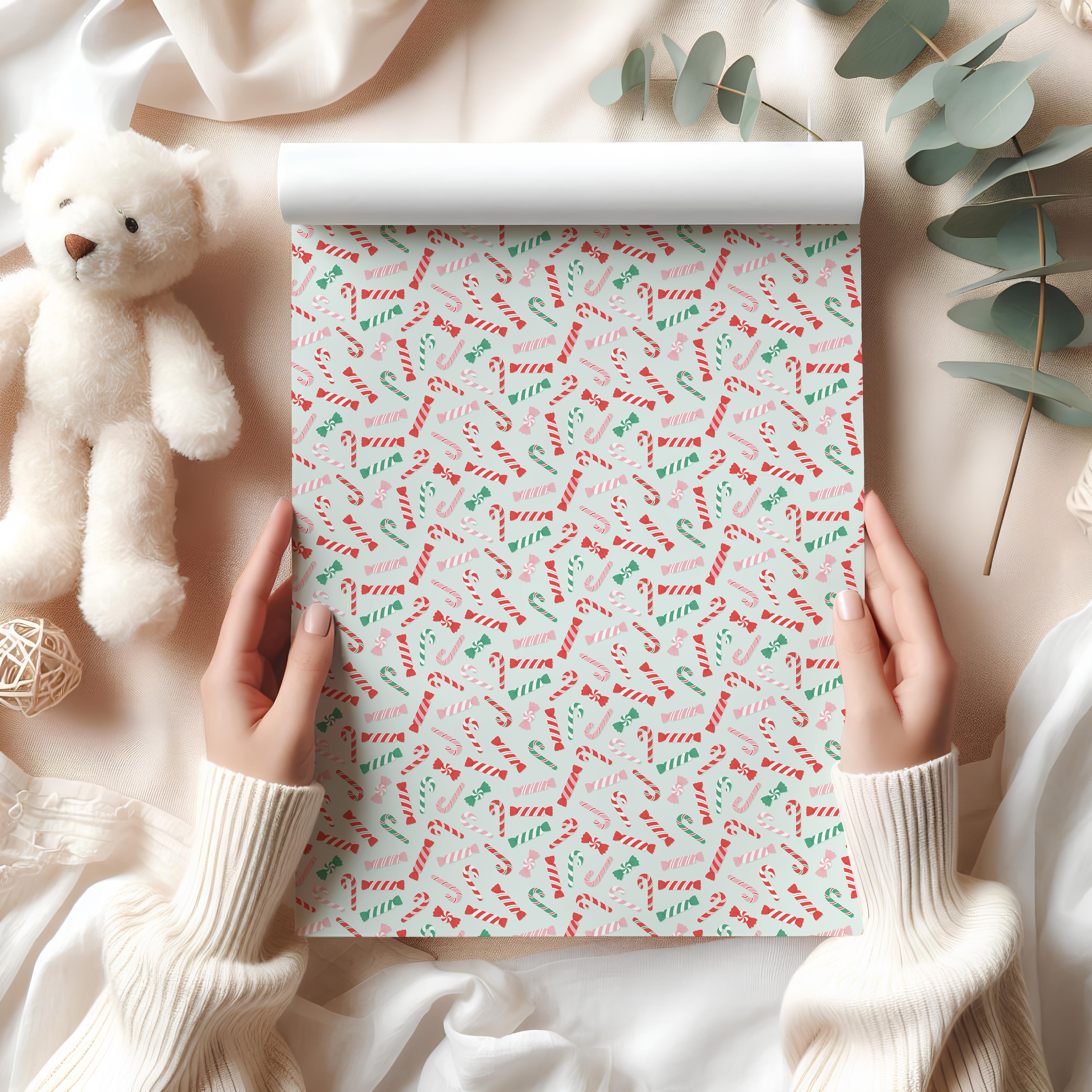 Candy Cane Wrapping Paper Sheet – Cute Pastel Festive Gift Wrap for Christmas, Cream