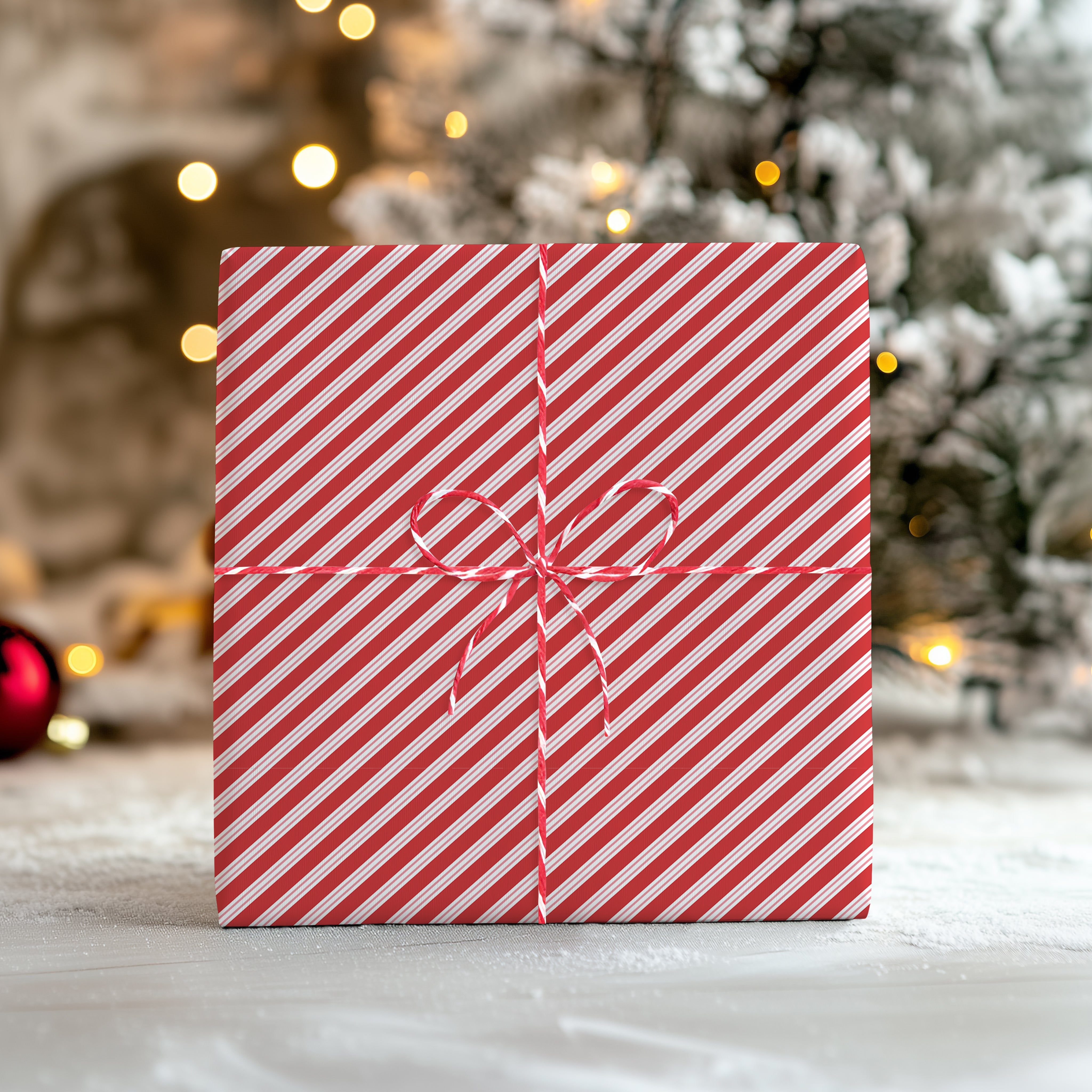 Red Stripe Wrapping Paper Sheet – Classic Peppermint Candy Cane Gift Wrap for Christmas, Red and White
