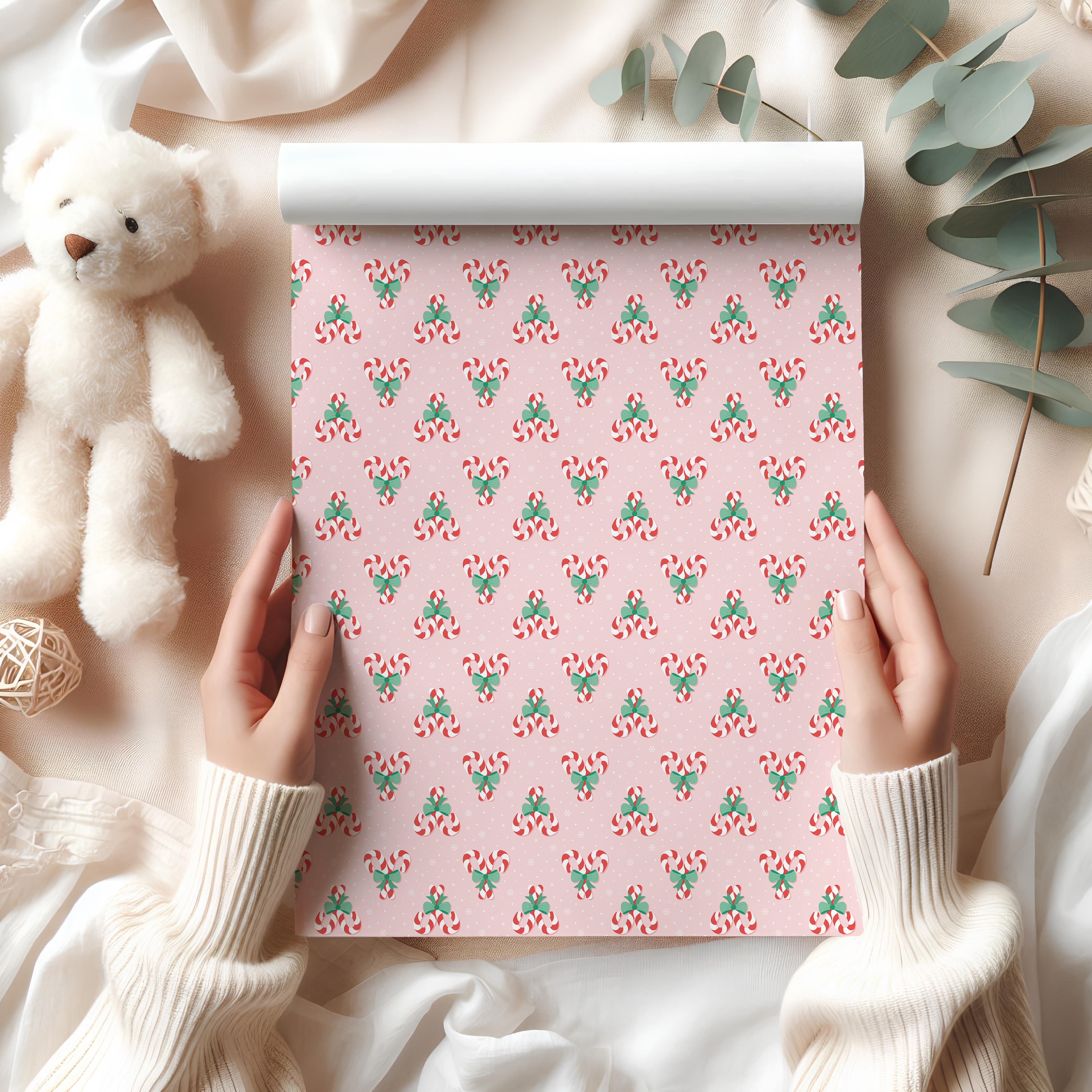 Candy Cane Christmas Wrapping Paper Sheet – Cute Pastel Festive Gift Wrap for Presents, Blush Pink