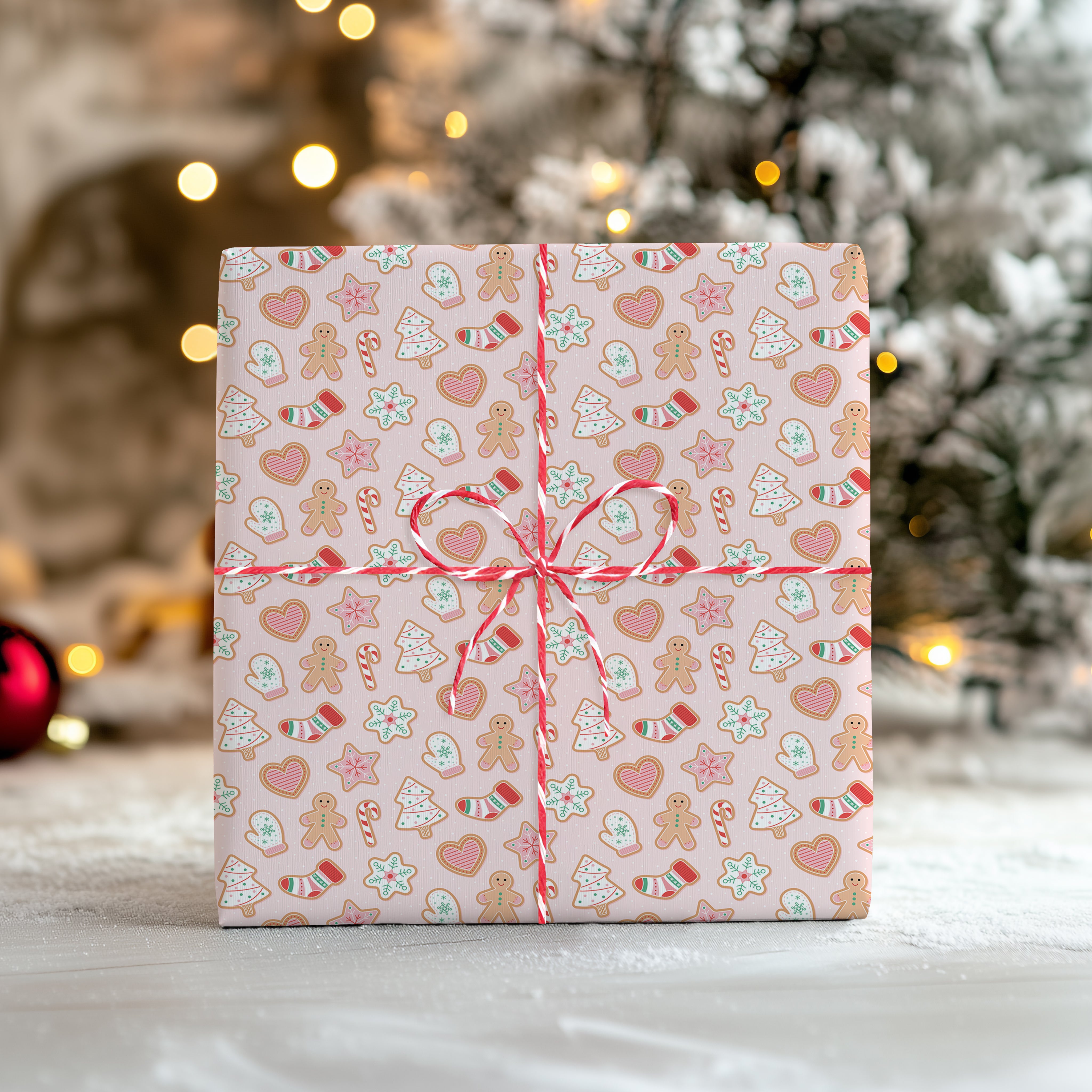 Gingerbread Cookie Wrapping Paper Sheet – Cute Pastel Festive Gift Wrap for Christmas Presents, Blush Pink