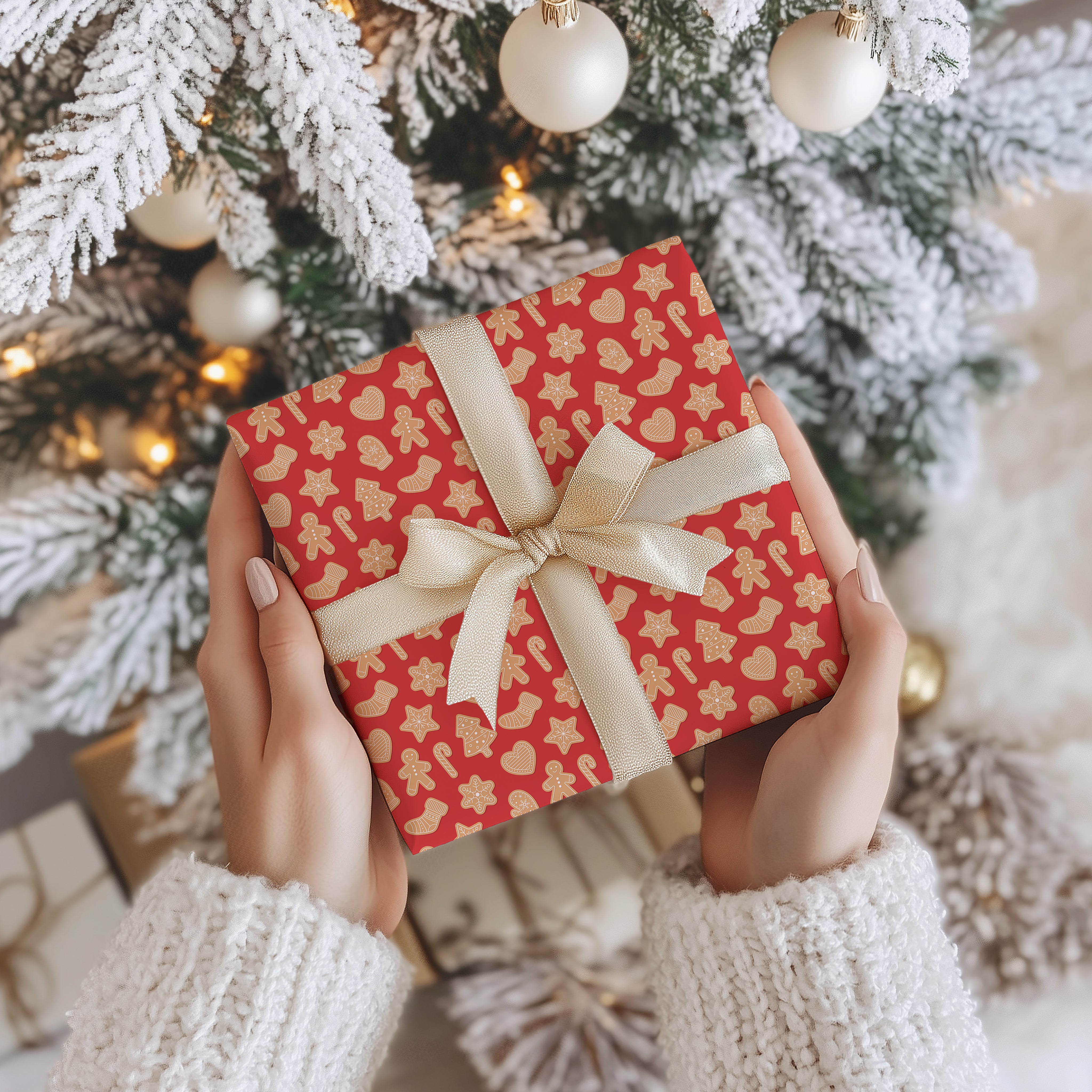 Gingerbread Cookie Wrapping Paper Sheet – Classic Christmas Festive Gift Wrap for Presents, Red